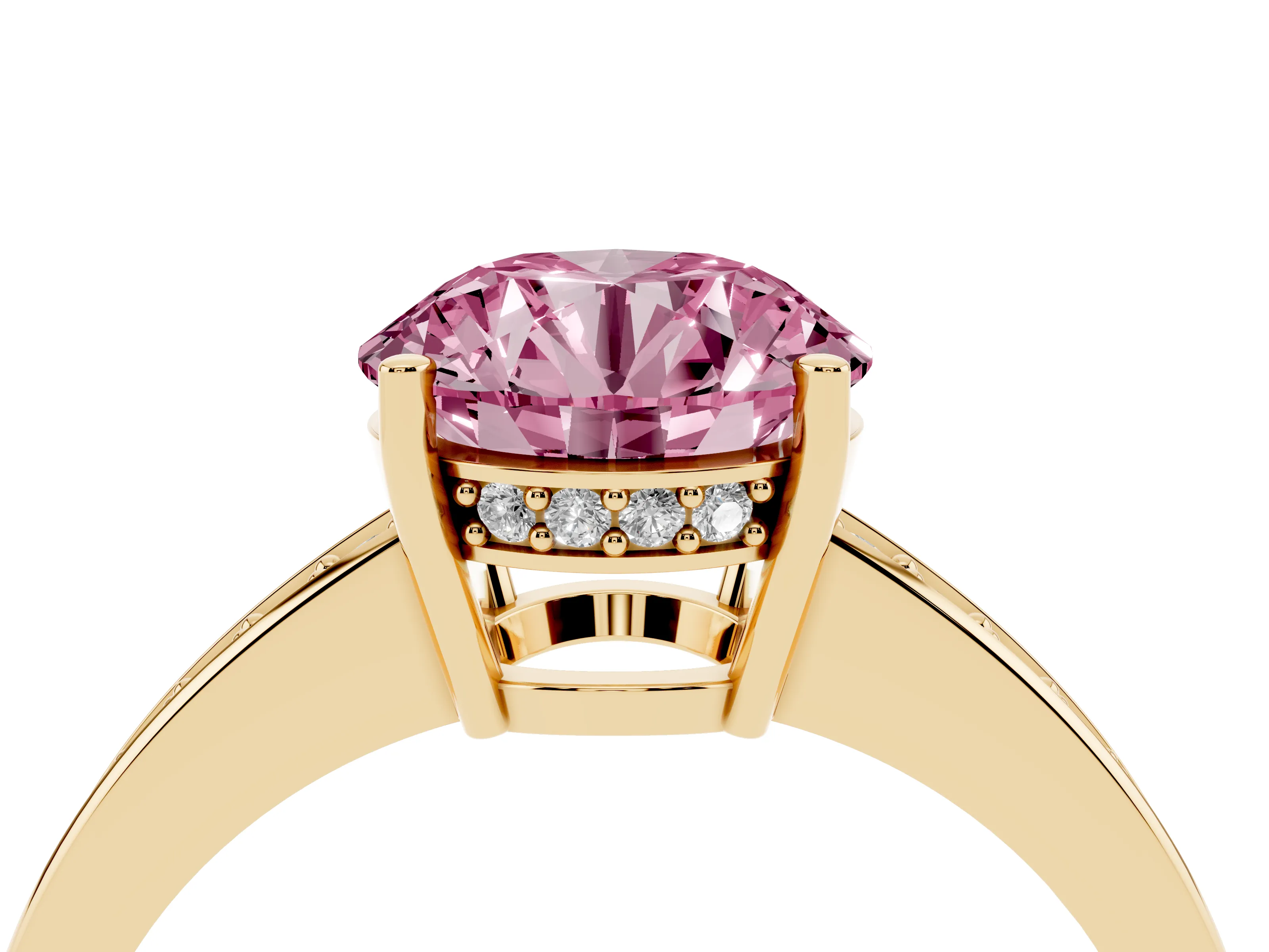 Fancy Pink Round Cut Diamond Pavé Band Prong Set Solitaire Ring Set in Yellow gold