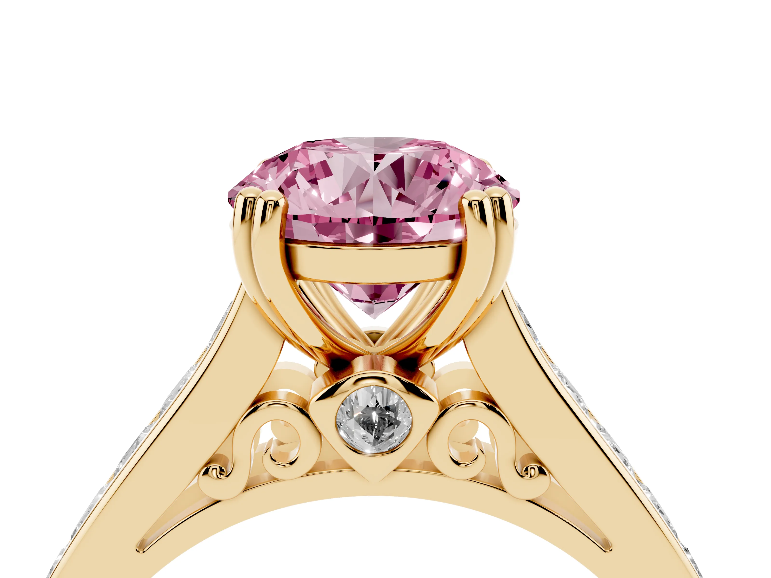 Fancy Pink Round Cut Diamond Channel Set Solitaire Engagement Ring Set in Yellow gold with Prong Setting