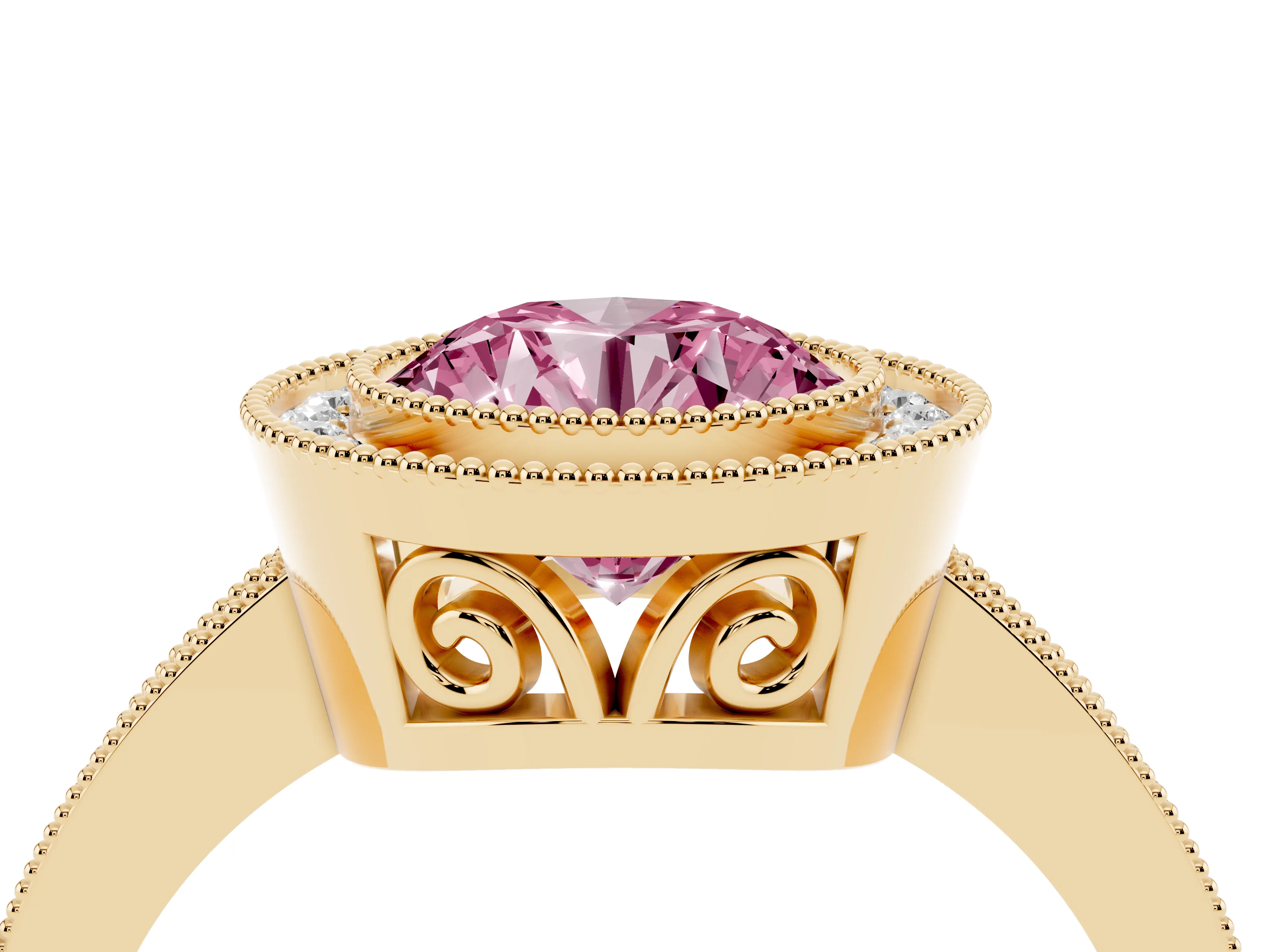 Fancy Pink Round Cut Diamond Halo Ring Set in Yellow gold with Pavé Band and Milgrain-Edged Prongs