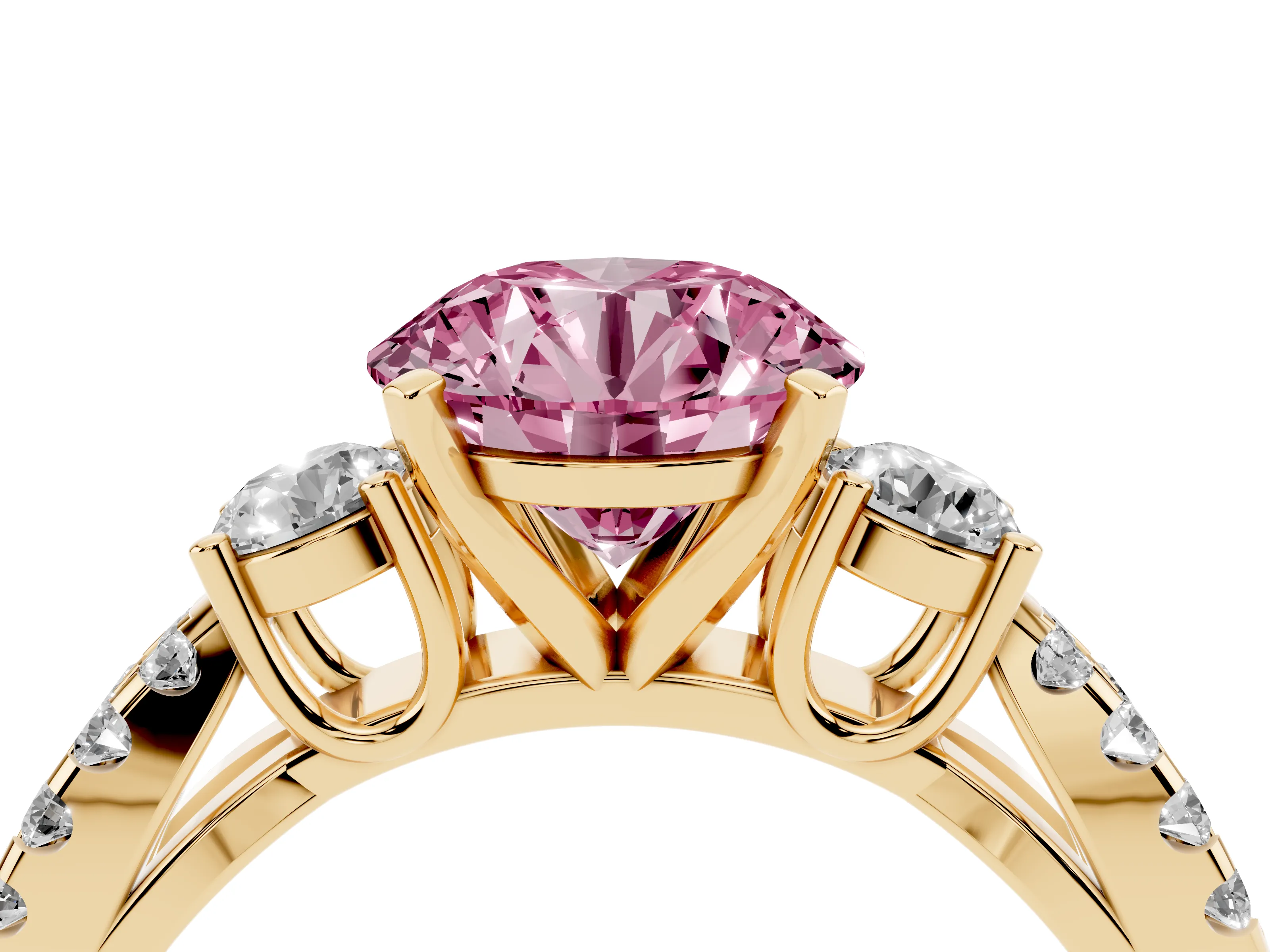 Fancy Pink Round Cut Diamond Three-Stone Ring Set in Yellow gold with Pavé Split Shank and Prong Setting
