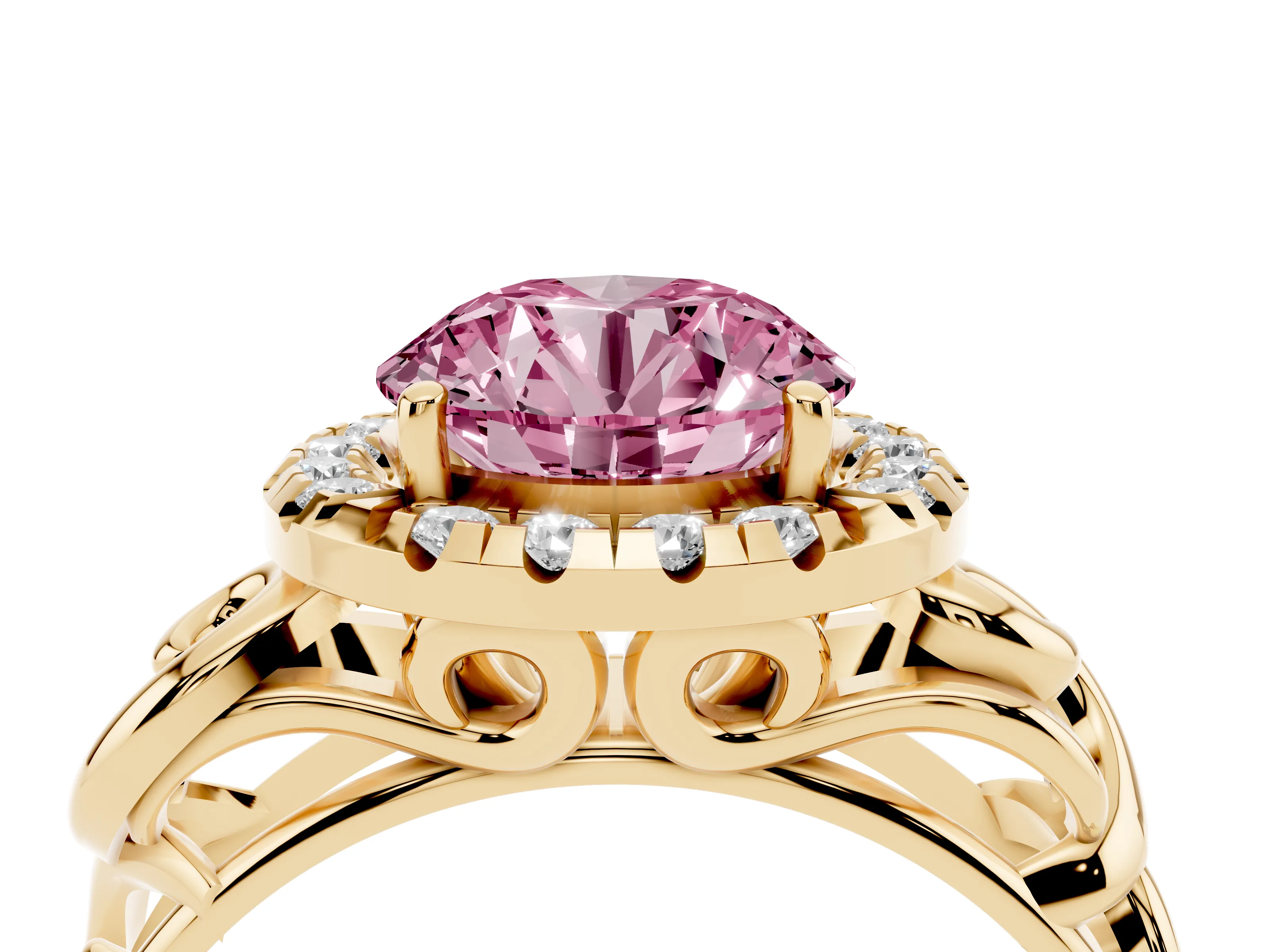 Fancy Pink Round Cut Diamond Halo Ring Set in Yellow gold with Scrollwork Band and Prong Setting