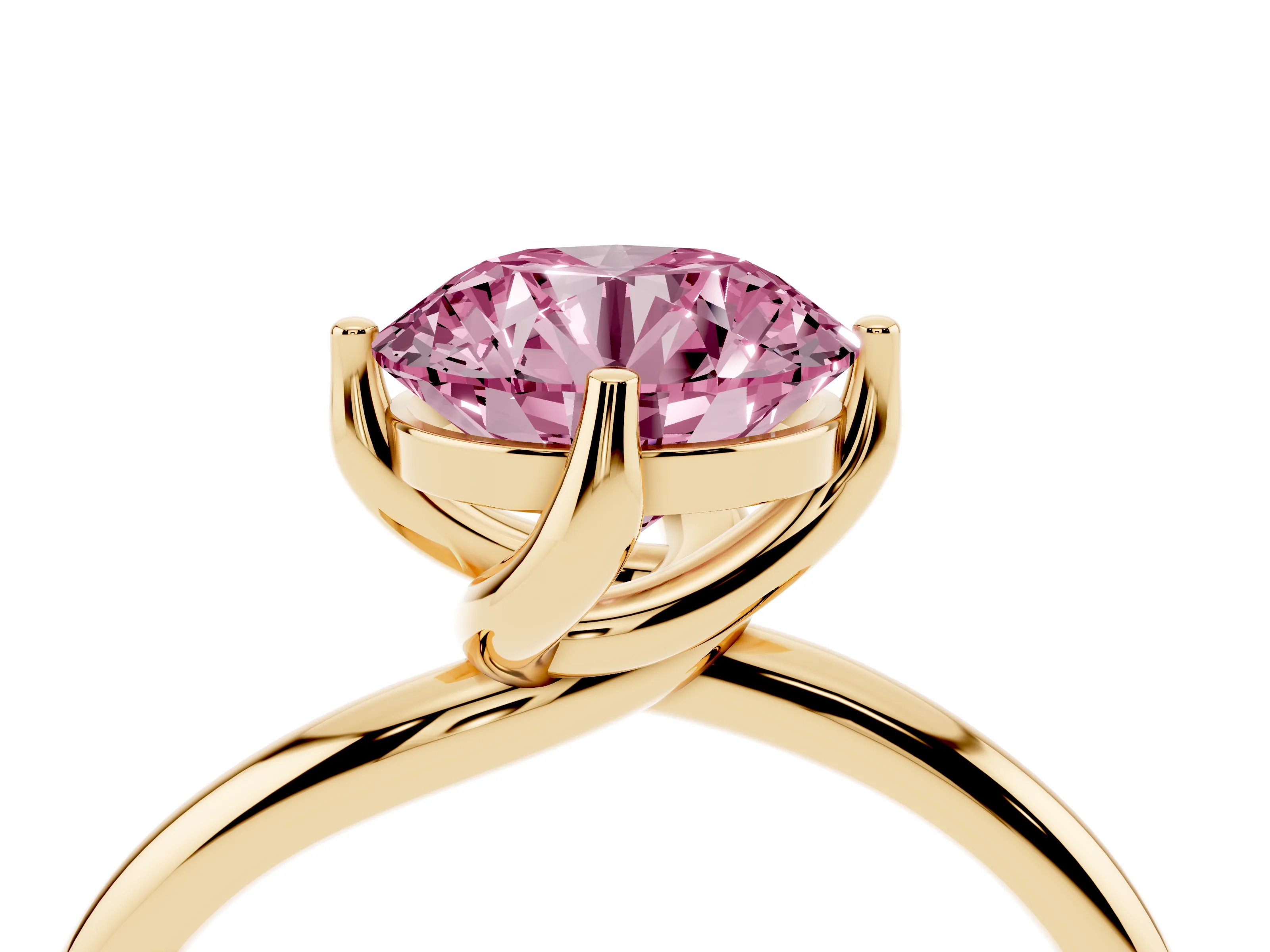 Fancy Pink Round Cut Diamond Solitaire Engagement Ring Set in Yellow gold with Classic Plain Band