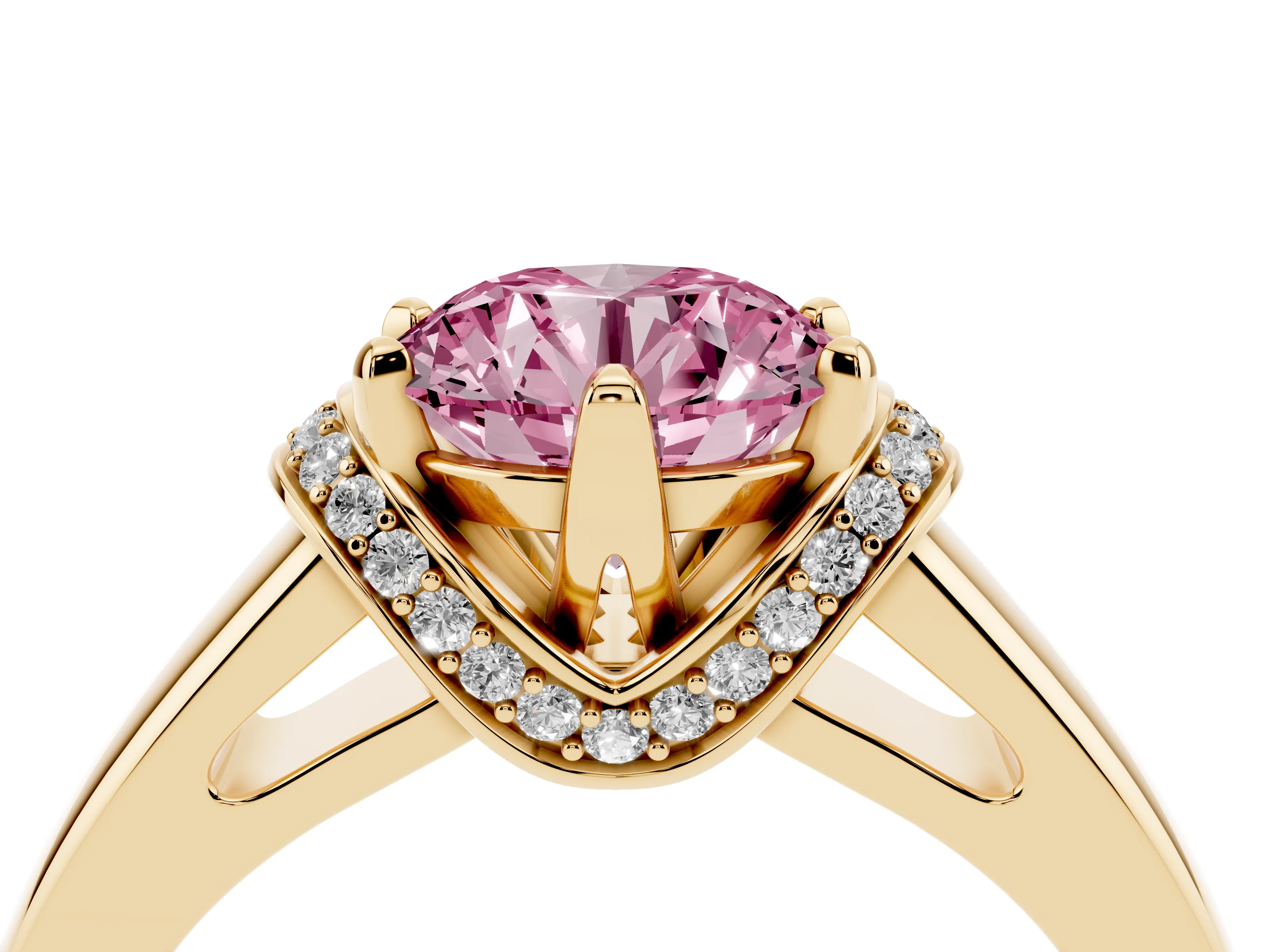 Fancy Pink Round Cut Diamond Pavé Band Solitaire Ring Set in Yellow gold with Prong Setting