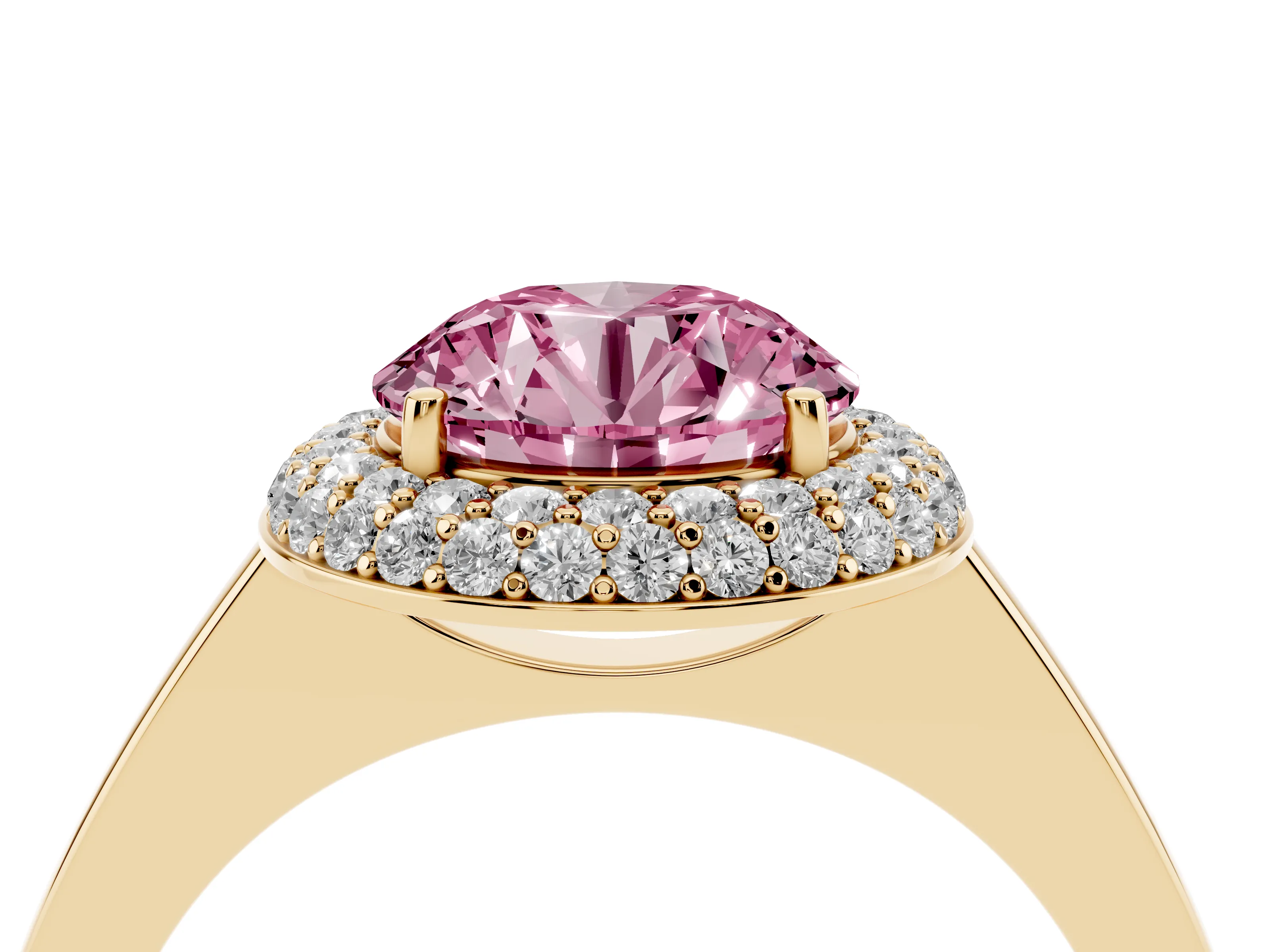 Fancy Pink Round Cut Diamond Halo Engagement Ring Set in Yellow gold with Solitaire Band and Prong Setting