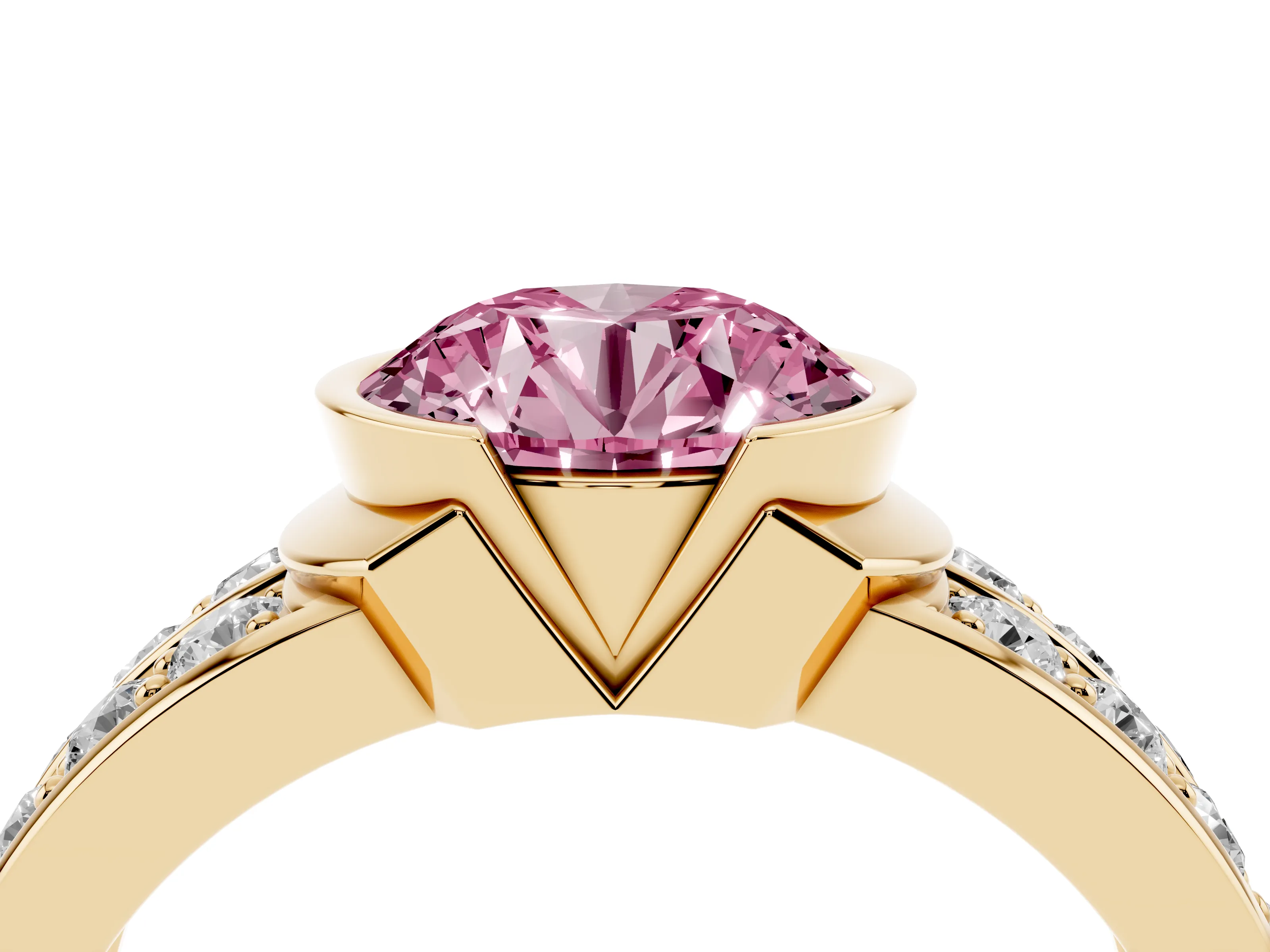 Fancy Pink Round Cut Diamond Wide Channel Set Band Ring Set in Yellow gold with Bezel Setting