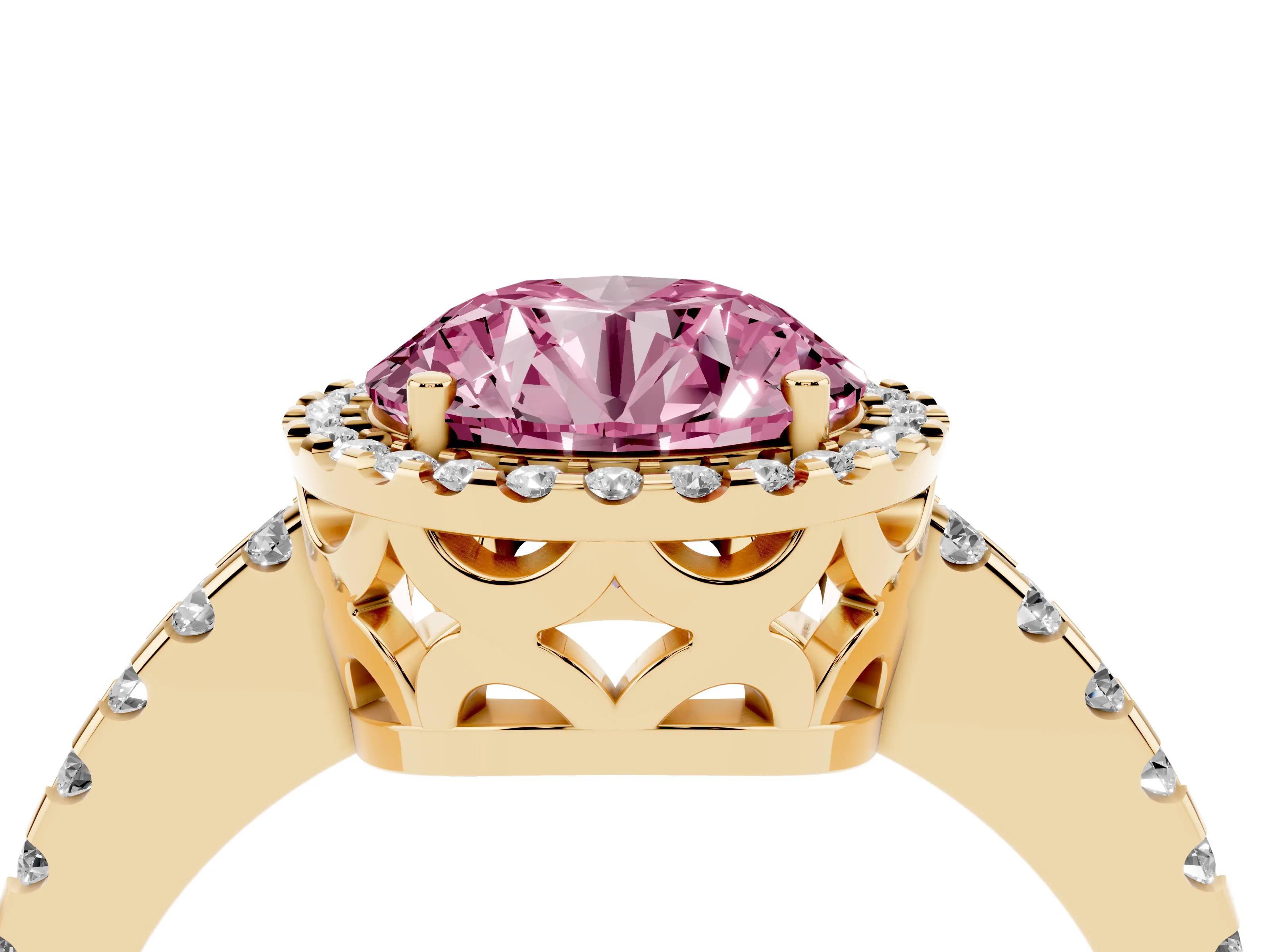 Fancy Pink Round Cut Diamond Halo Ring Set in Yellow gold with Pavé Shoulders and Halo-Framed Center