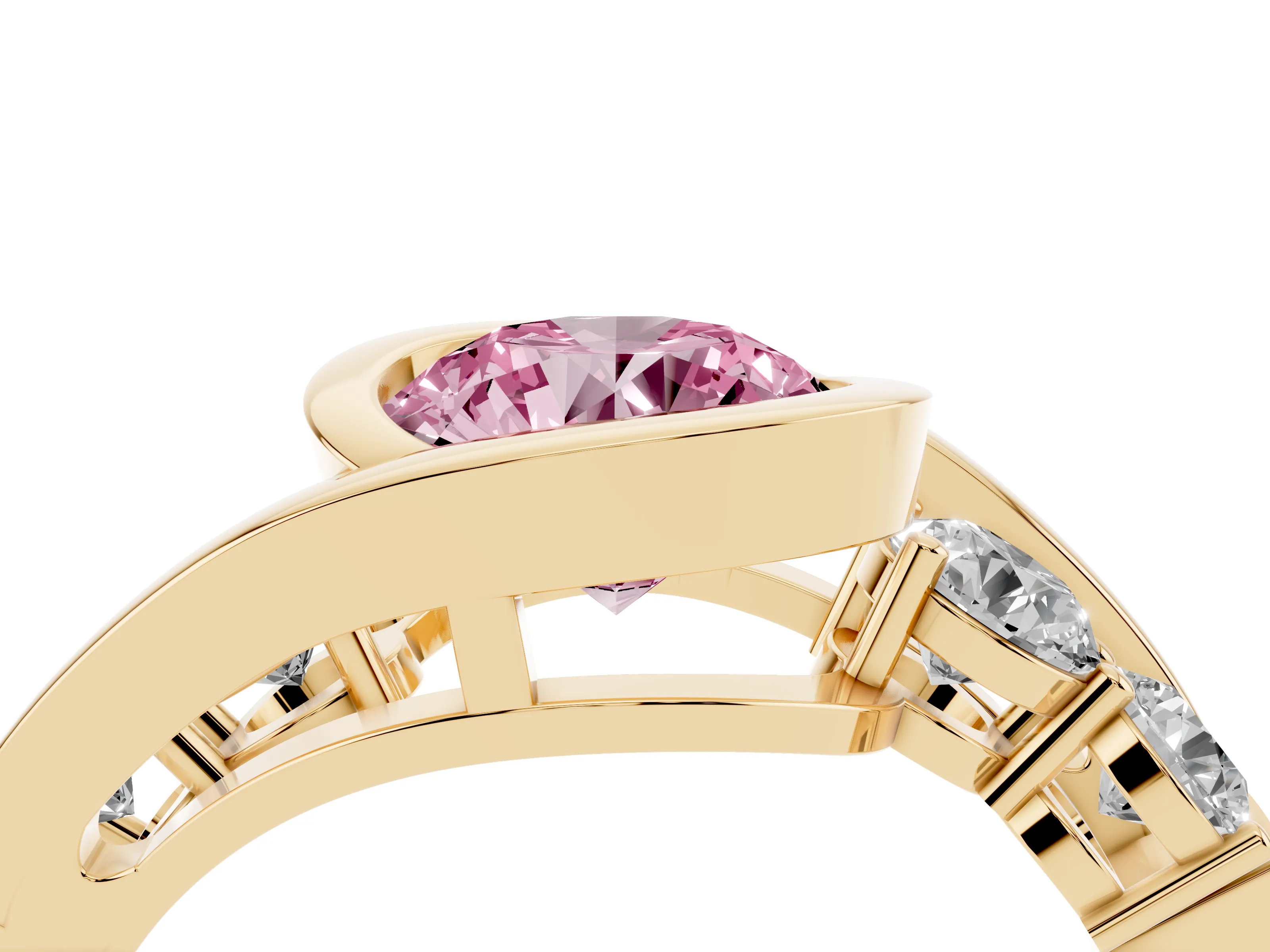 Fancy Pink Round Cut Diamond Bezel Bypass Ring Set in Yellow gold with Round Accents