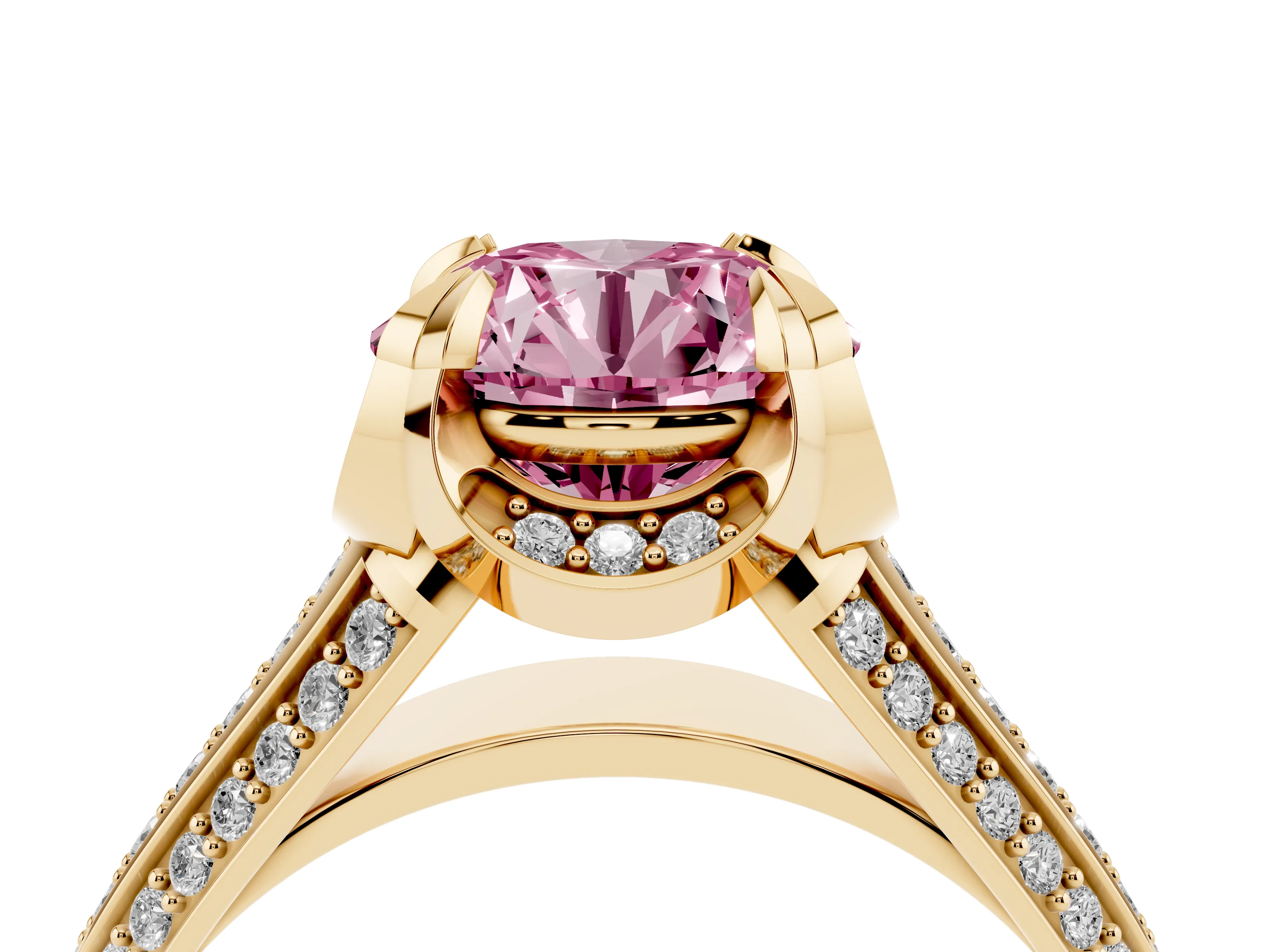Fancy Pink Round Cut Diamond Pavé Split Shank Solitaire Ring Set in Yellow gold with Prong Setting