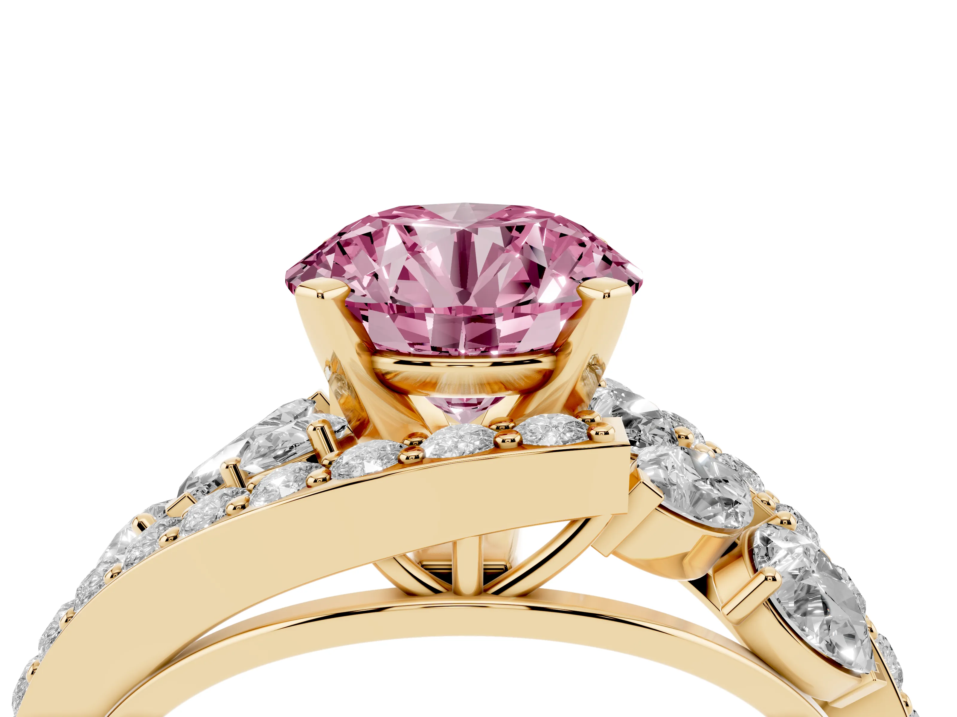 Fancy Pink Round Cut Diamond Halo Ring Set in Yellow gold with Marquise and Pavé Band in Prong Setting