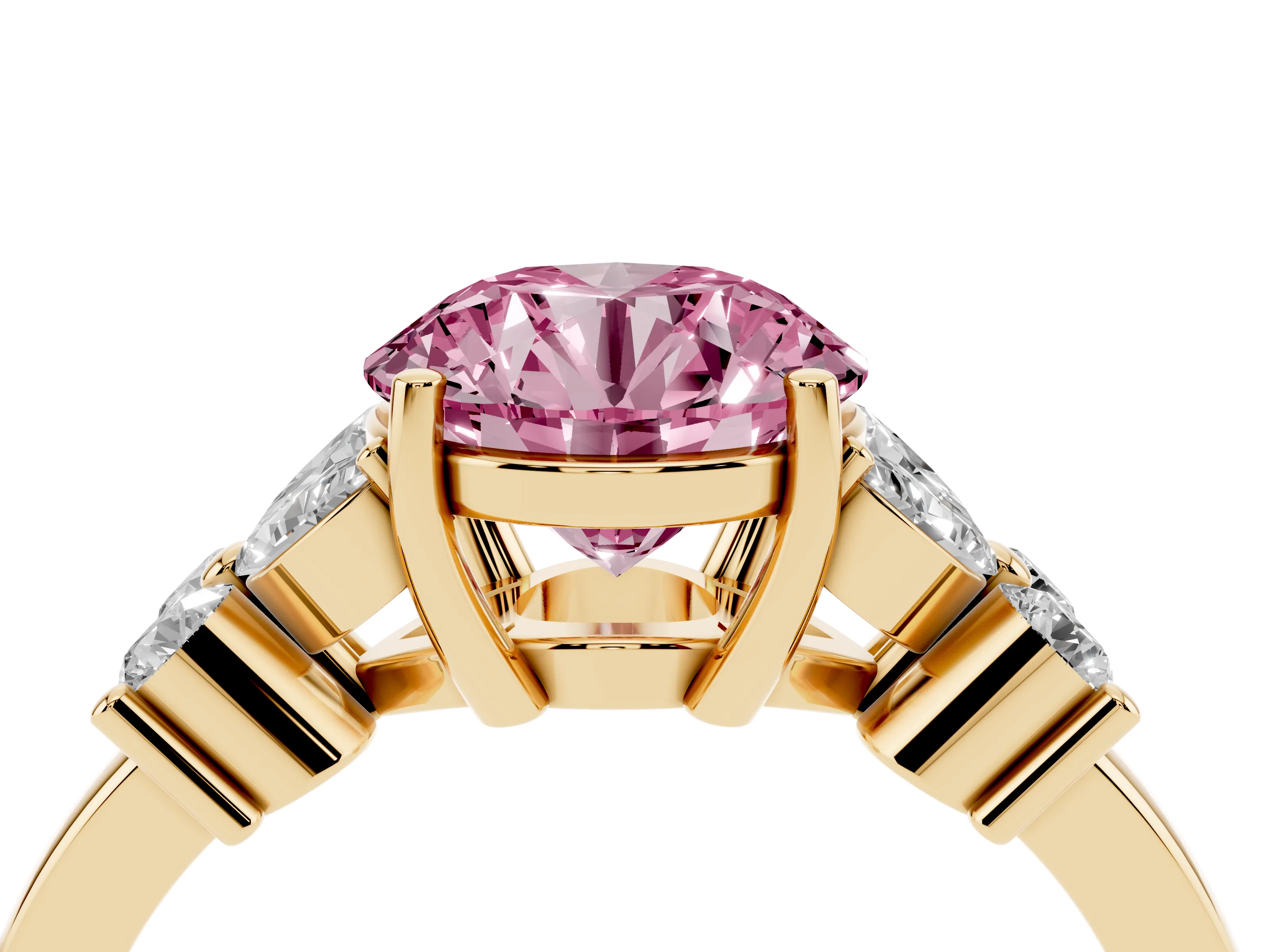 Fancy Pink Round Cut Diamond Floral Cluster Ring Set in Yellow gold with Marquise Petals and Prong Setting