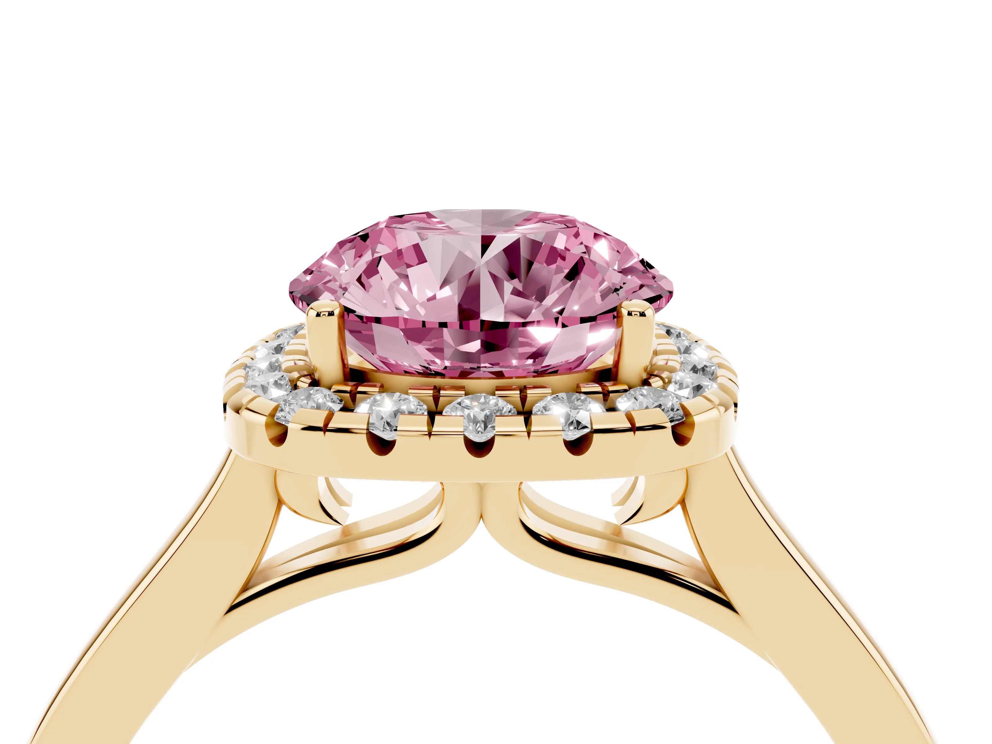Fancy Pink Round Cut Halo Round Diamond Solitaire Ring Set in Yellow gold with Pavé Band and Prong Setting