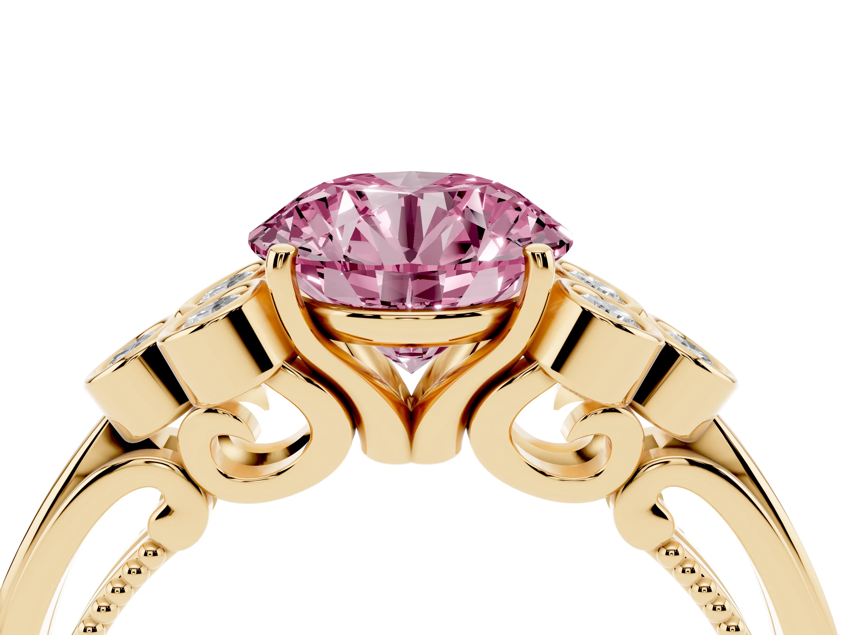 Fancy Pink Round Cut Diamond Engagement Ring Set in Yellow gold with Bezel Set Round Side Stones and Prong Setting