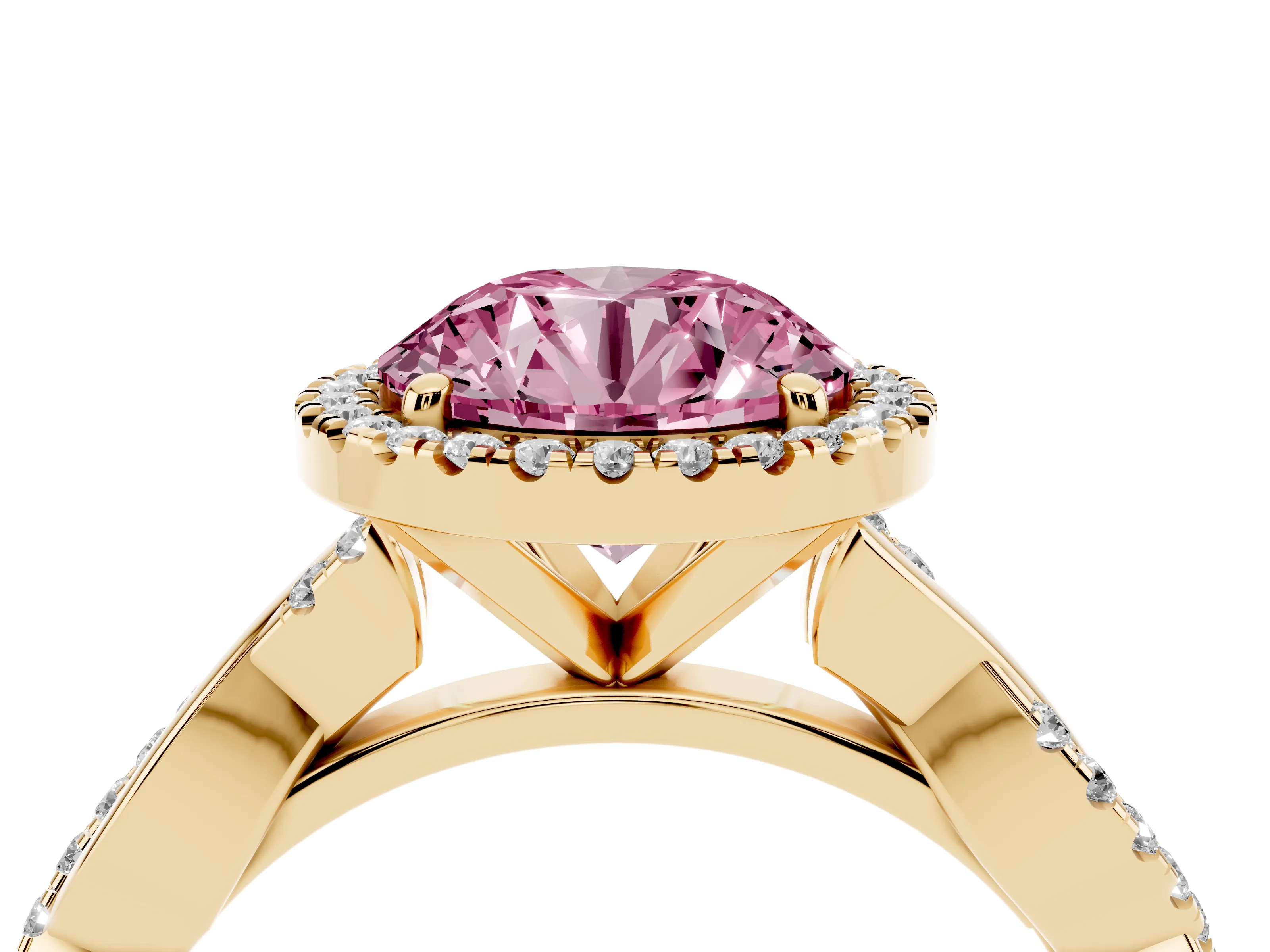Fancy Pink Round Cut Diamond Halo Twisted Band Ring Set in Yellow gold with Prong Setting