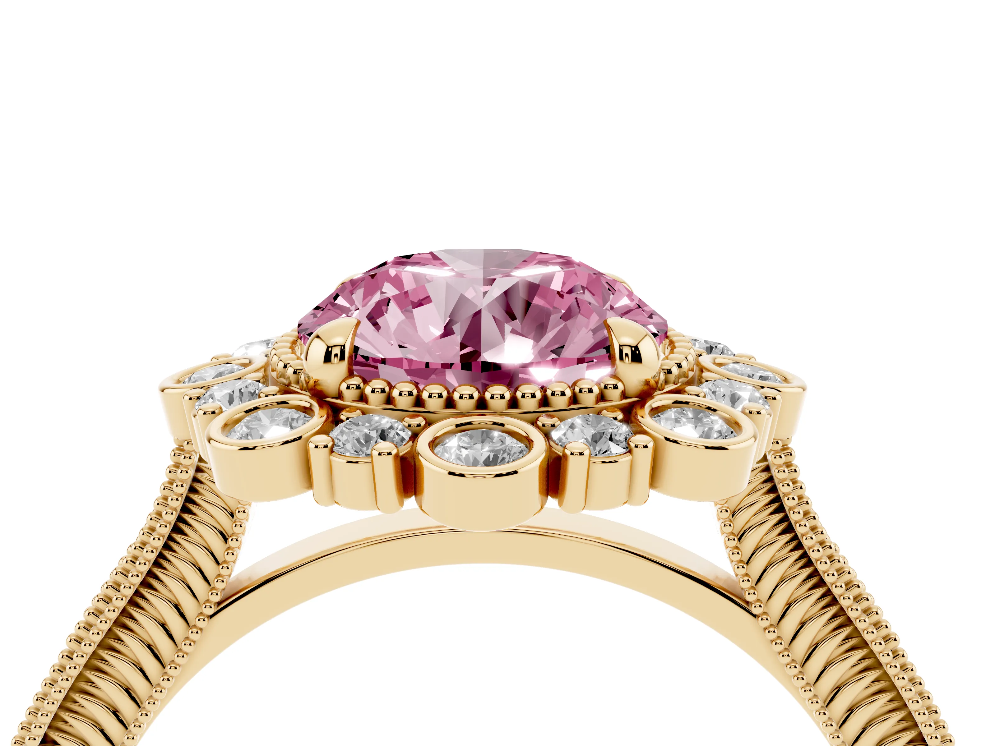Fancy Pink Round Cut Diamond Halo Milgrain Pavé Ring Set in Yellow gold with Prong Setting