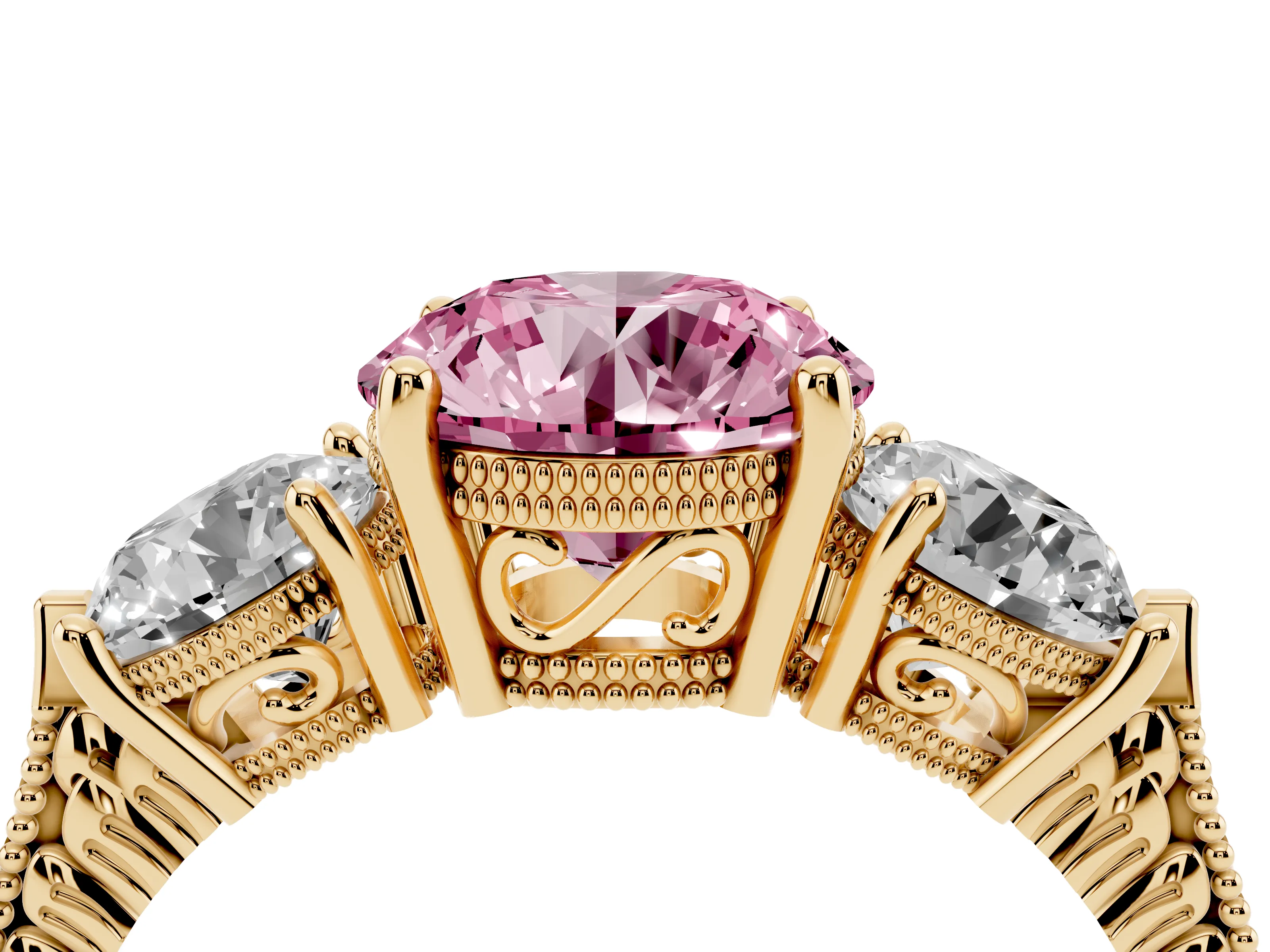 Fancy Pink Round Cut Diamond Three-Stone Ring Set in Yellow gold with Milgrain Band
