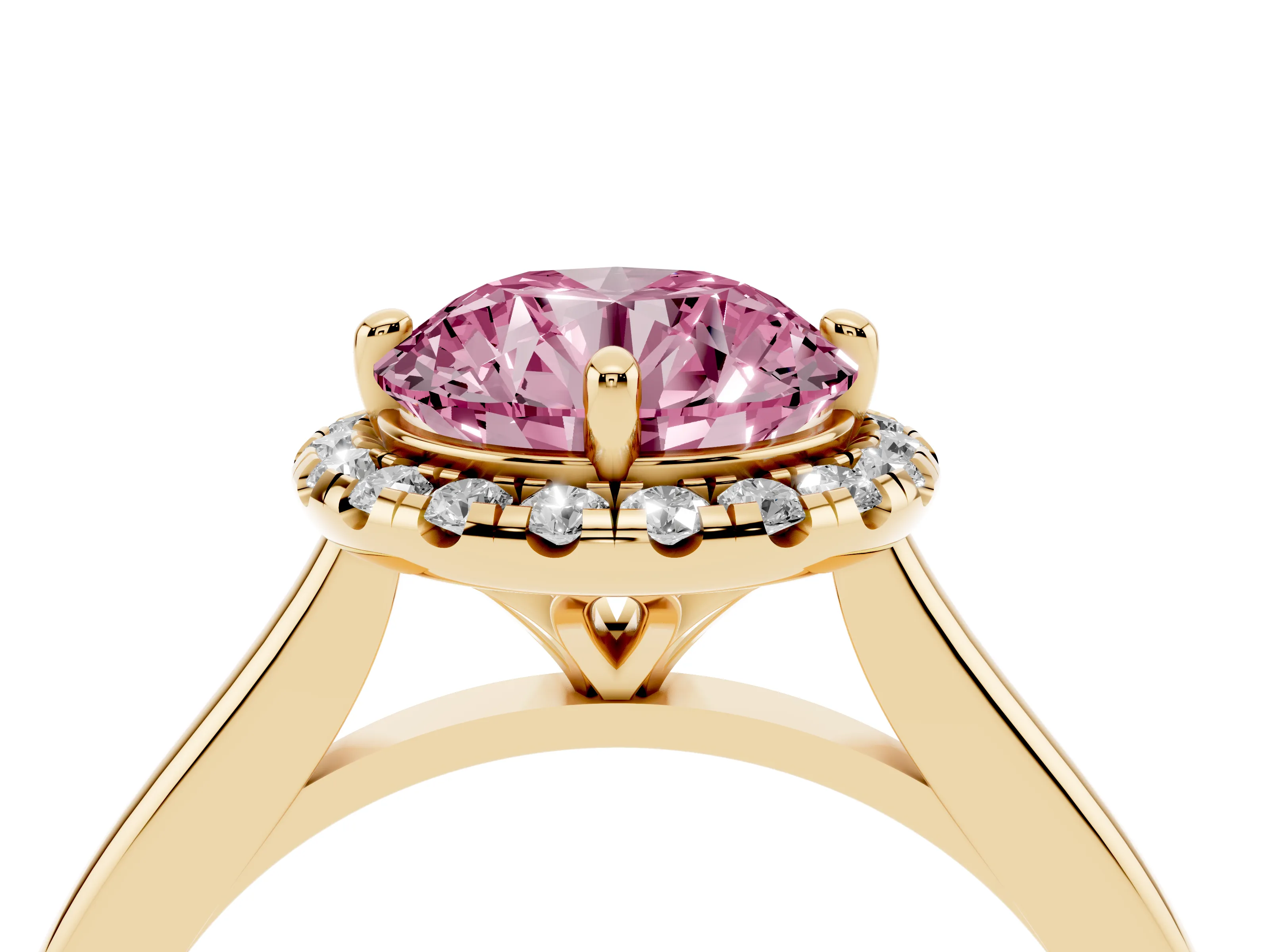 Fancy Pink Round Cut Diamond Halo Engagement Ring Set in Yellow gold with Pavé Band and Rising Shoulders