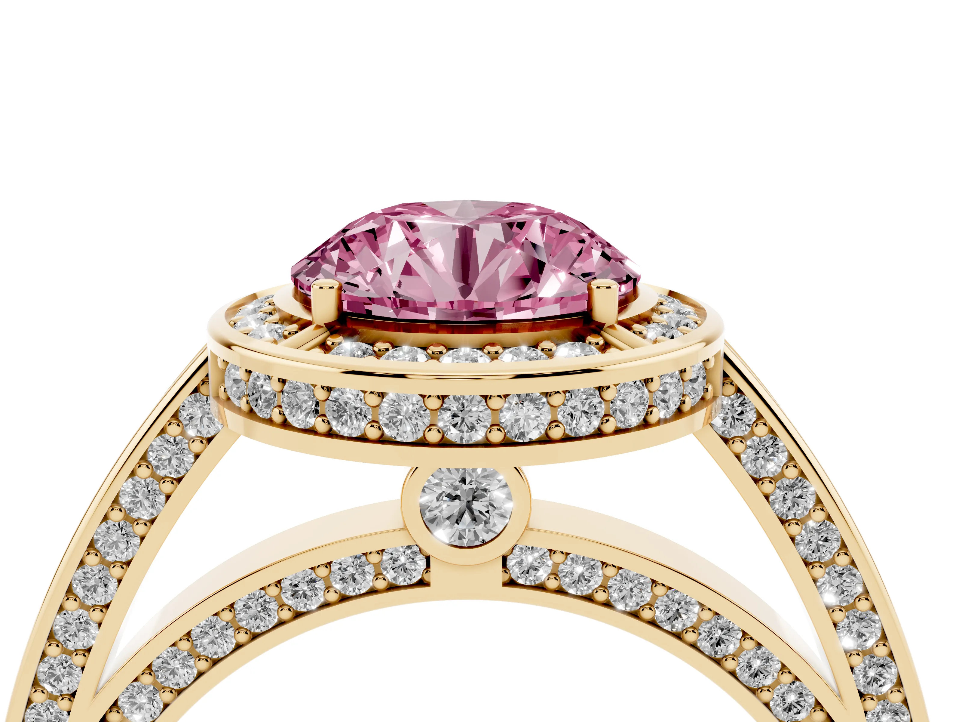 Fancy Pink Round Cut Diamond Halo Pavé Split Shank Ring Set in Yellow gold with Prong Setting