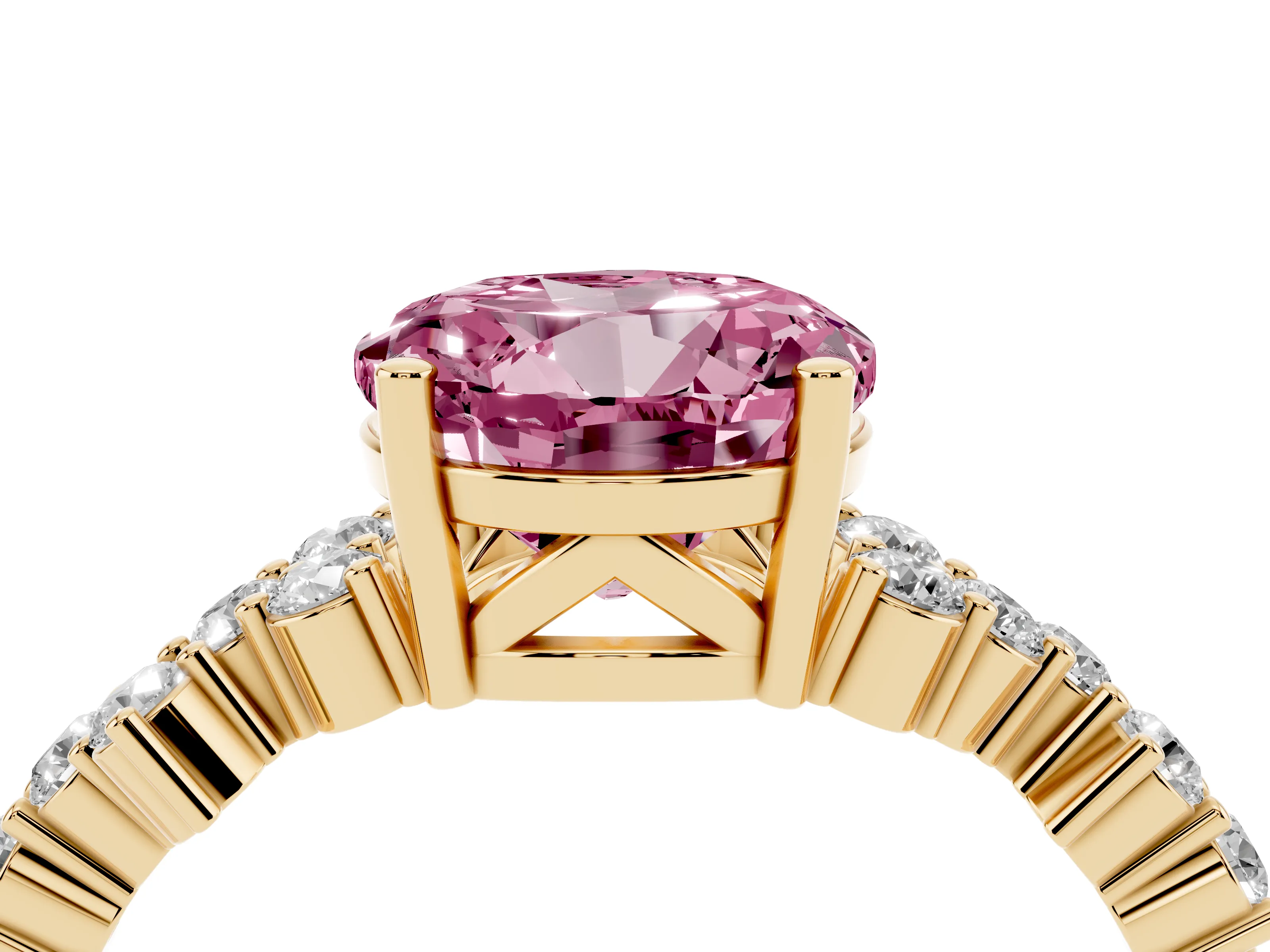 Fancy Pink Round Cut Diamond Ring Set in Yellow gold with Scattered Round Accents