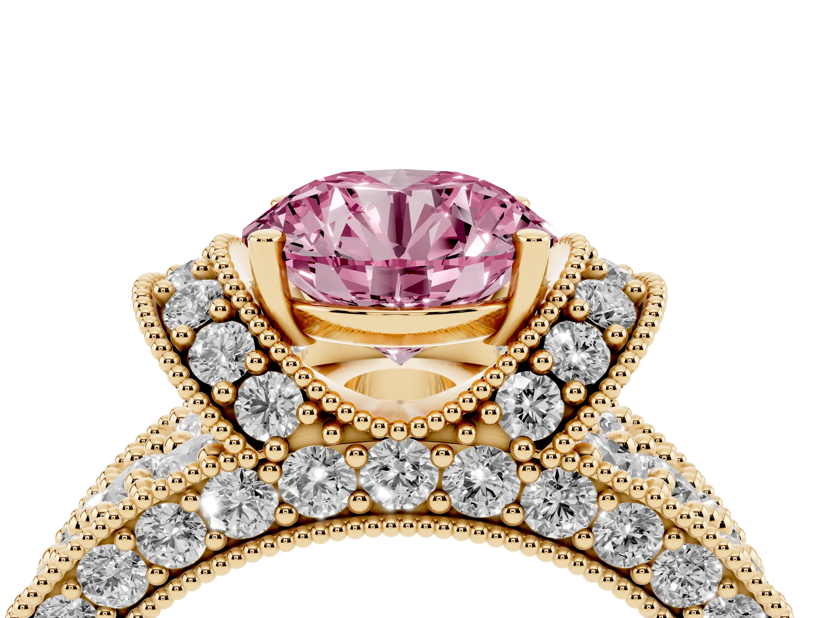 Fancy Pink Round Cut Diamond Milgrain Halo Pavé Engagement Ring Set in Yellow gold with Prong Setting