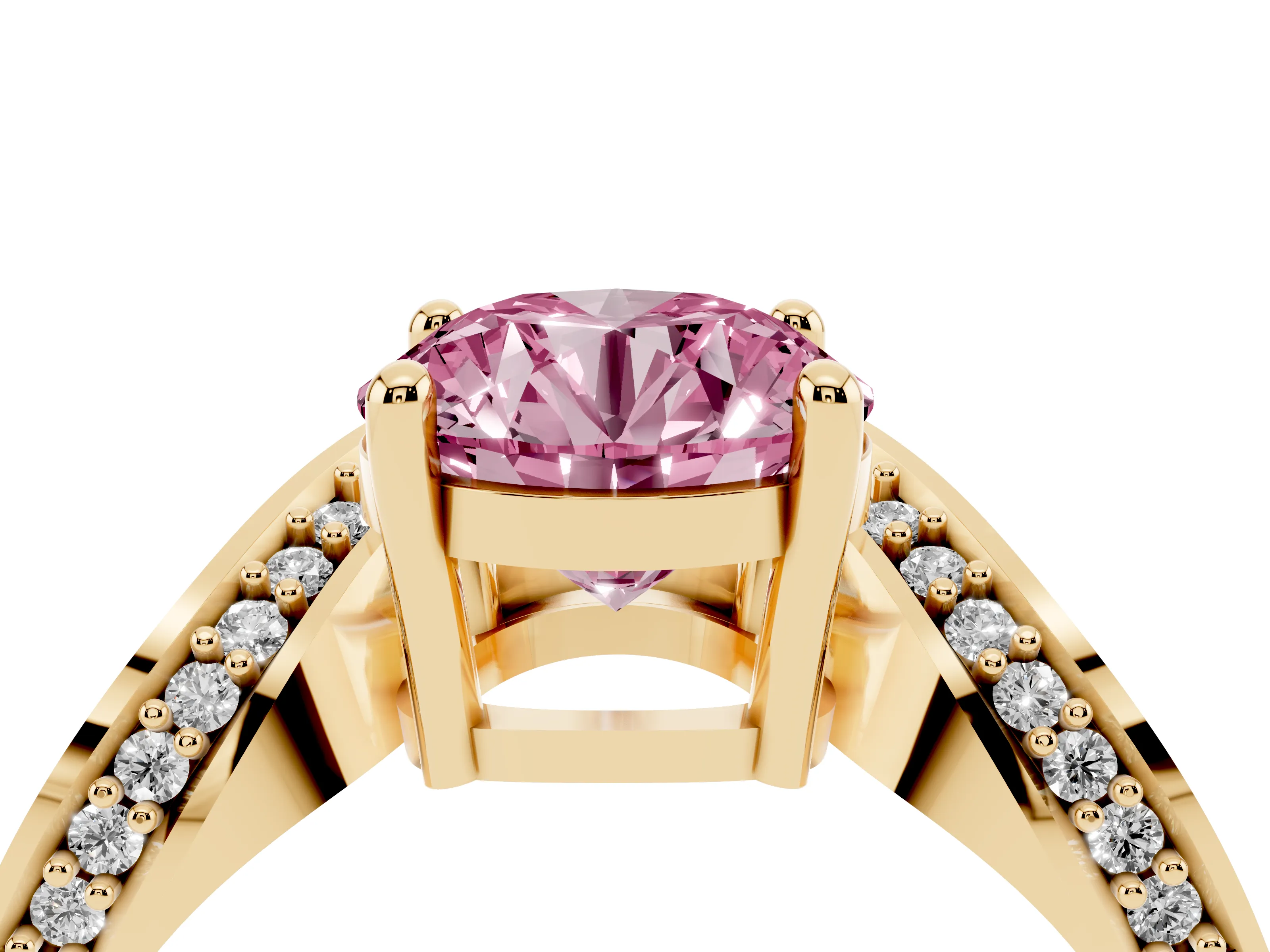 Fancy Pink Round Cut Diamond Solitaire Engagement Ring Set in Yellow gold with Pavé Shoulders