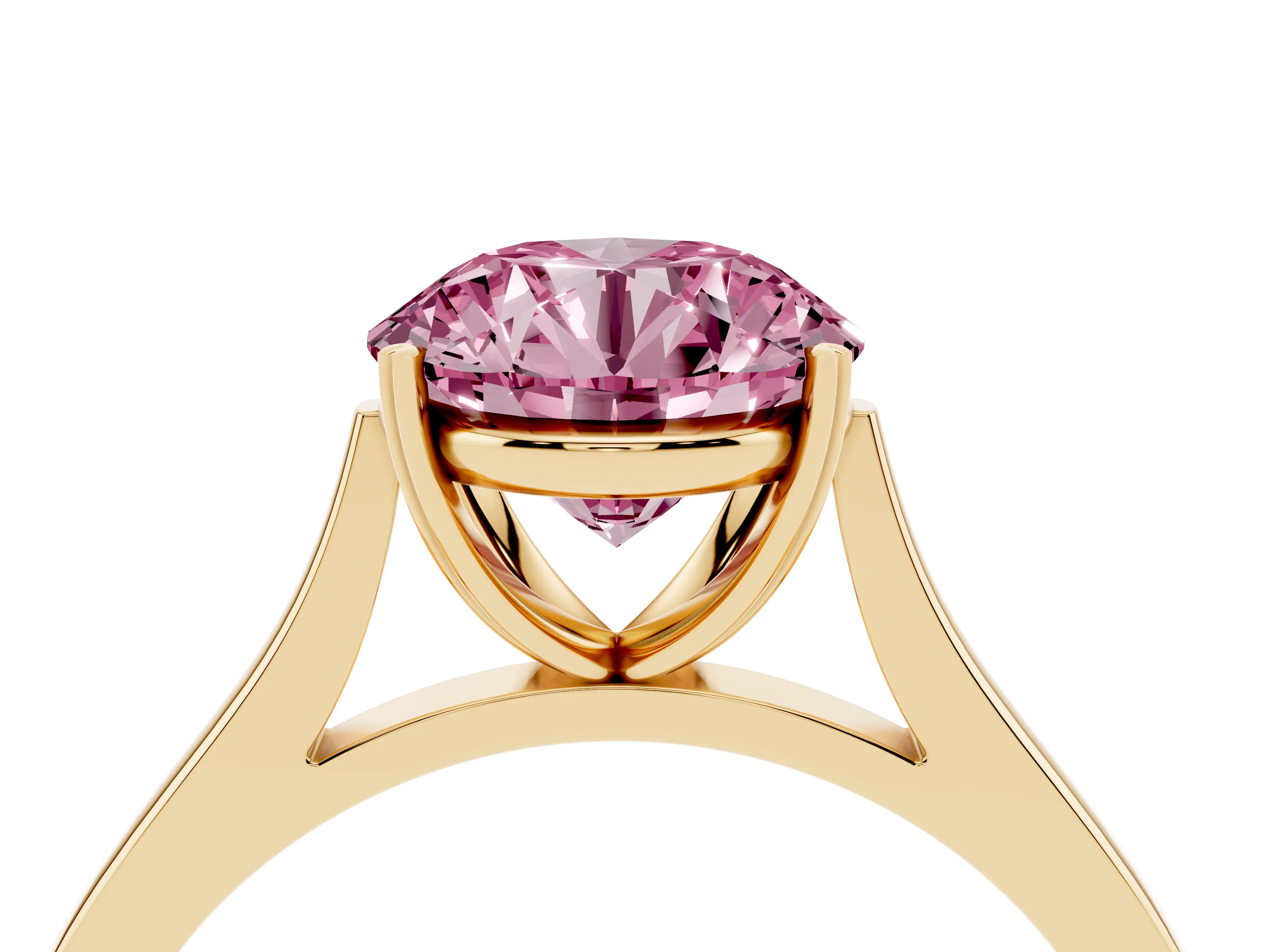 Fancy Pink Round Cut Diamond Solitaire Heart Prong Engagement Ring Set in Yellow gold with Tapered Band