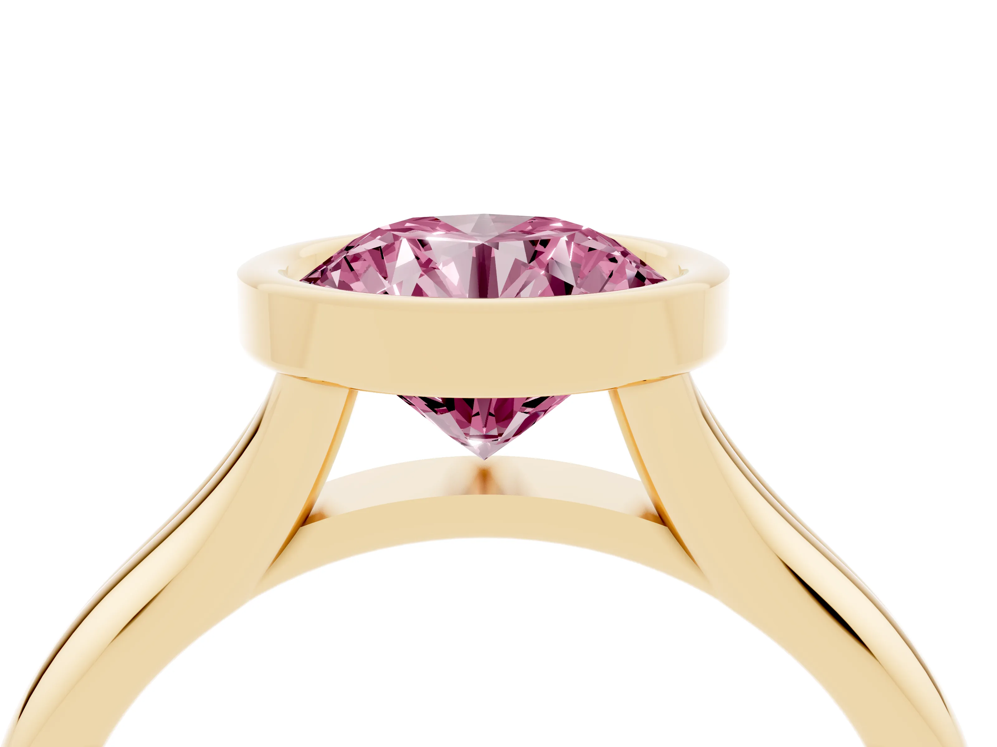 Fancy Pink Bezel Set Round Cut Diamond Solitaire Ring Set in Yellow gold with Smooth Band