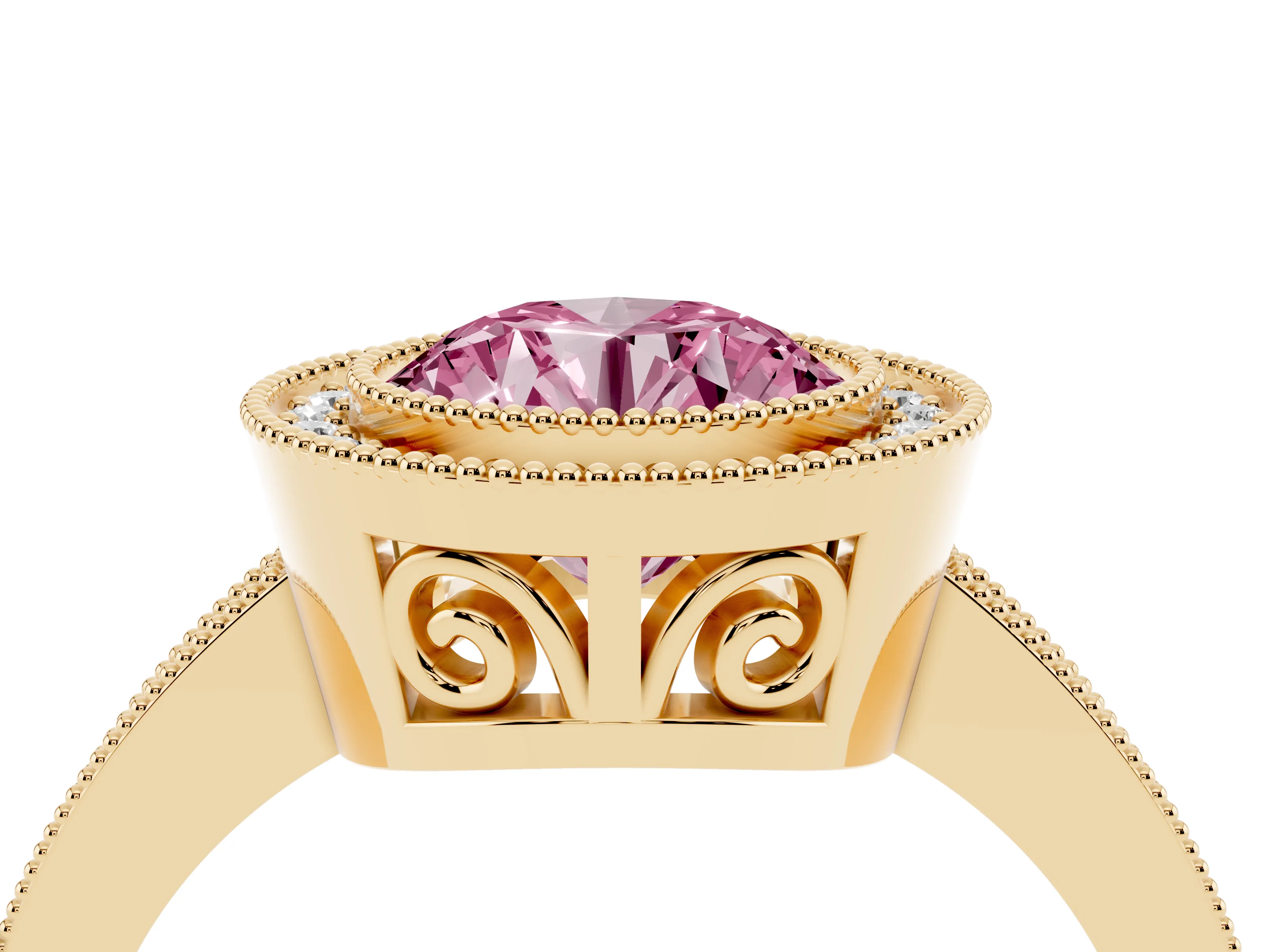 Fancy Pink Round Cut Diamond Round Halo Ring Set in Yellow gold with Pavé Band