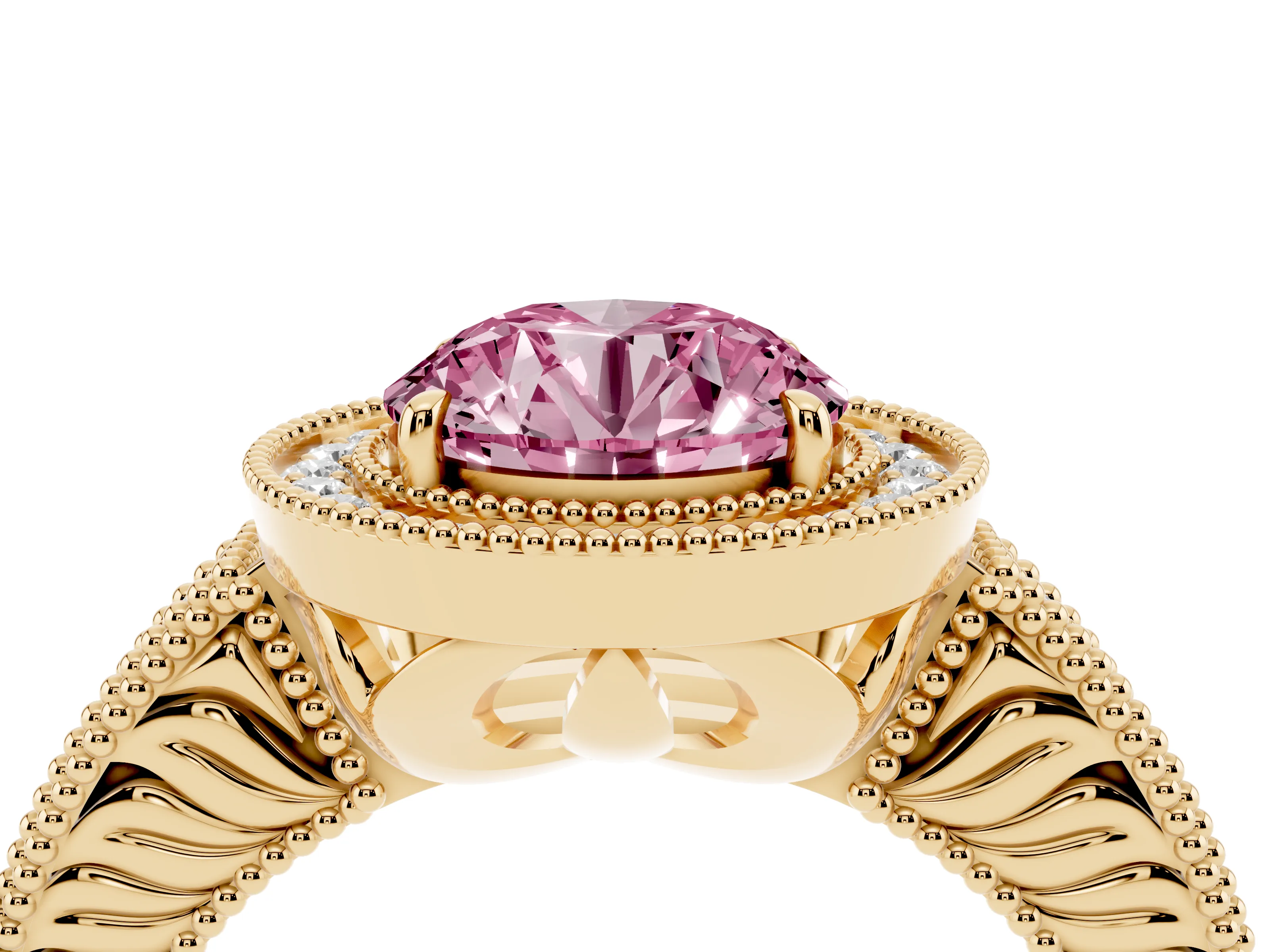 Fancy Pink Round Cut Diamond Halo Ring Set in Yellow gold with Round Accent Halo, Pavé Band and Prong Setting
