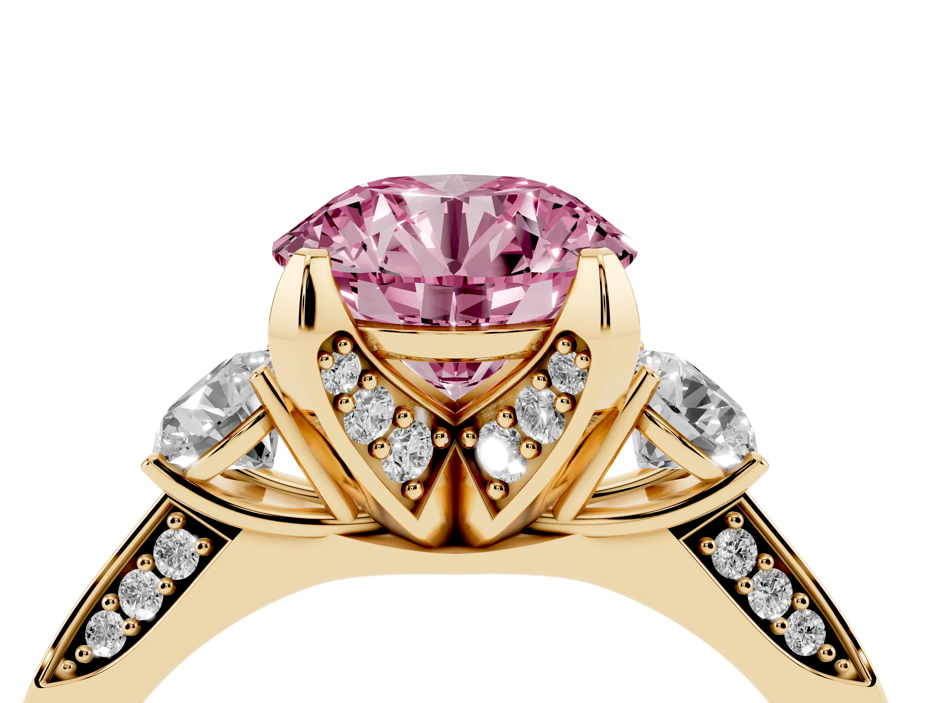 Fancy Pink Round Cut Diamond Three-Stone Ring Set in Yellow gold with Pavé Band and Smaller Side Stones