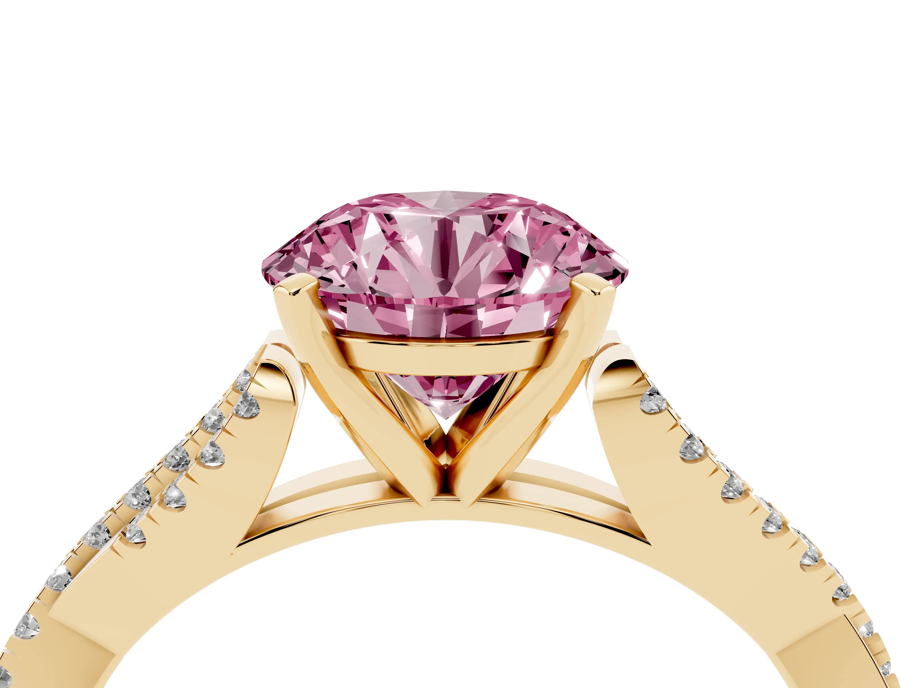 Fancy Pink Round Cut Diamond Solitaire Engagement Ring Set in Yellow gold with Twisted Pavé Band and Prong Setting