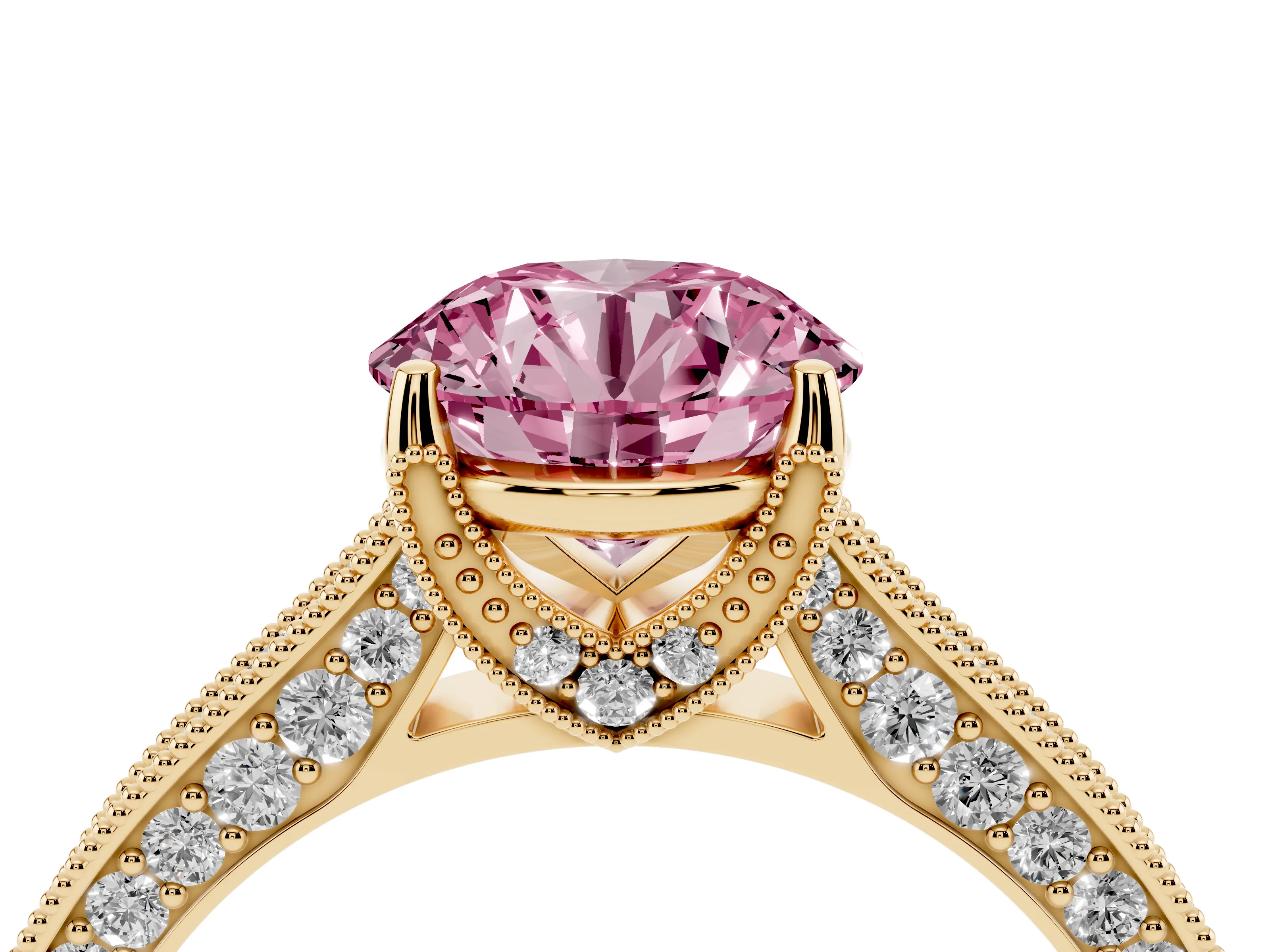 Fancy Pink Round Cut Diamond Solitaire Ring Set in Yellow gold with Milgrain-Edged Pavé Band and Prong Setting