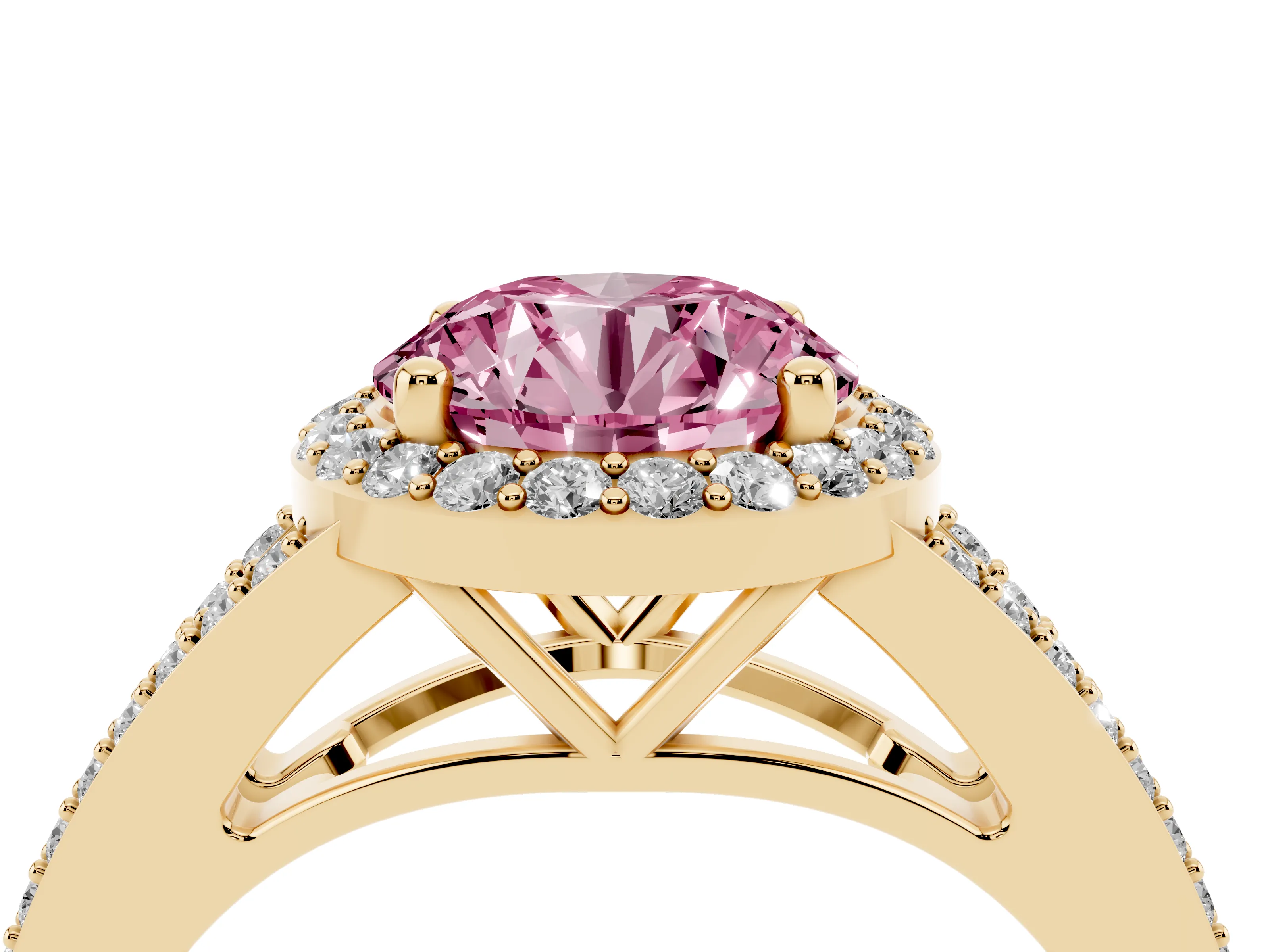 Fancy Pink Round Cut Diamond Halo Split Shank Pavé Ring Set in Yellow gold with Prong Setting