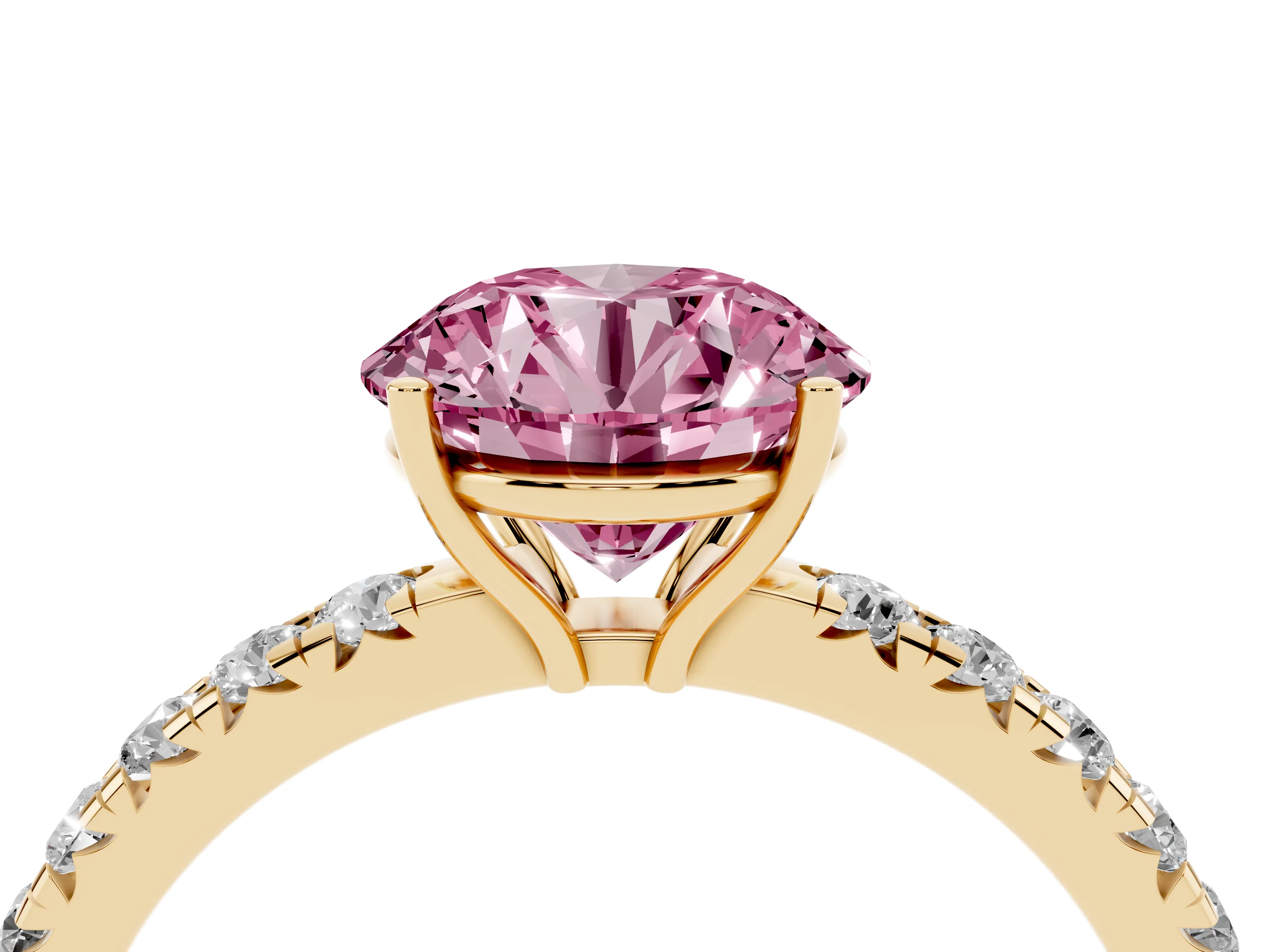 Fancy Pink Round Cut Diamond Pavé Solitaire Engagement Ring Set in Yellow gold with Prong Setting