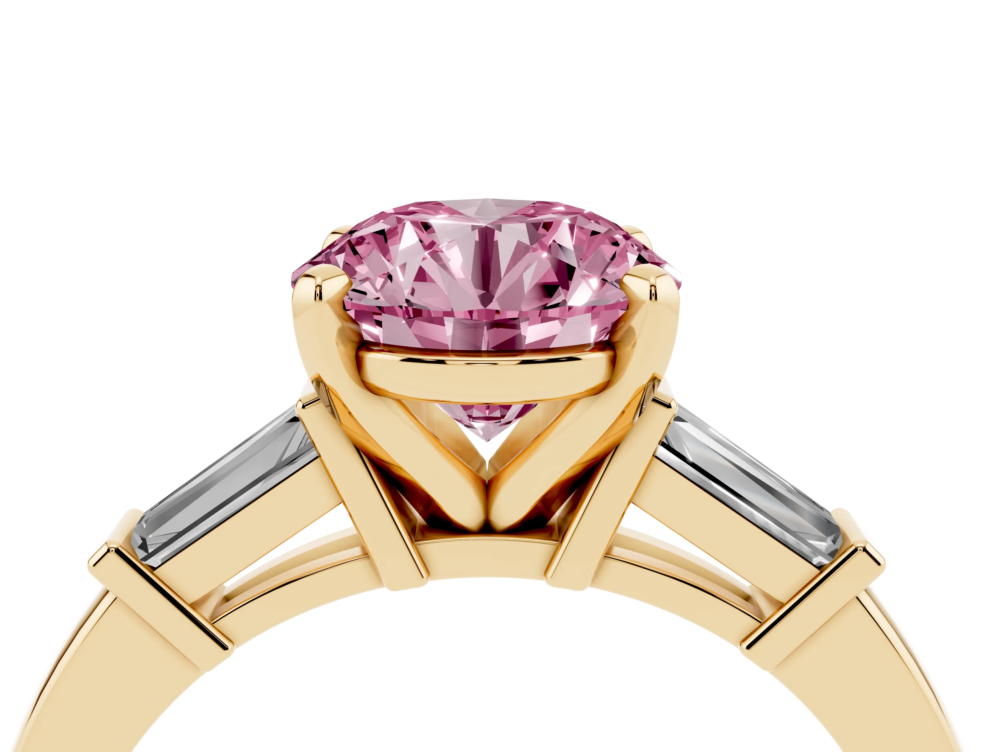 Fancy Pink Round Cut Diamond Solitaire Ring Set in Yellow gold with Tapered Baguette Accents and Prong Setting