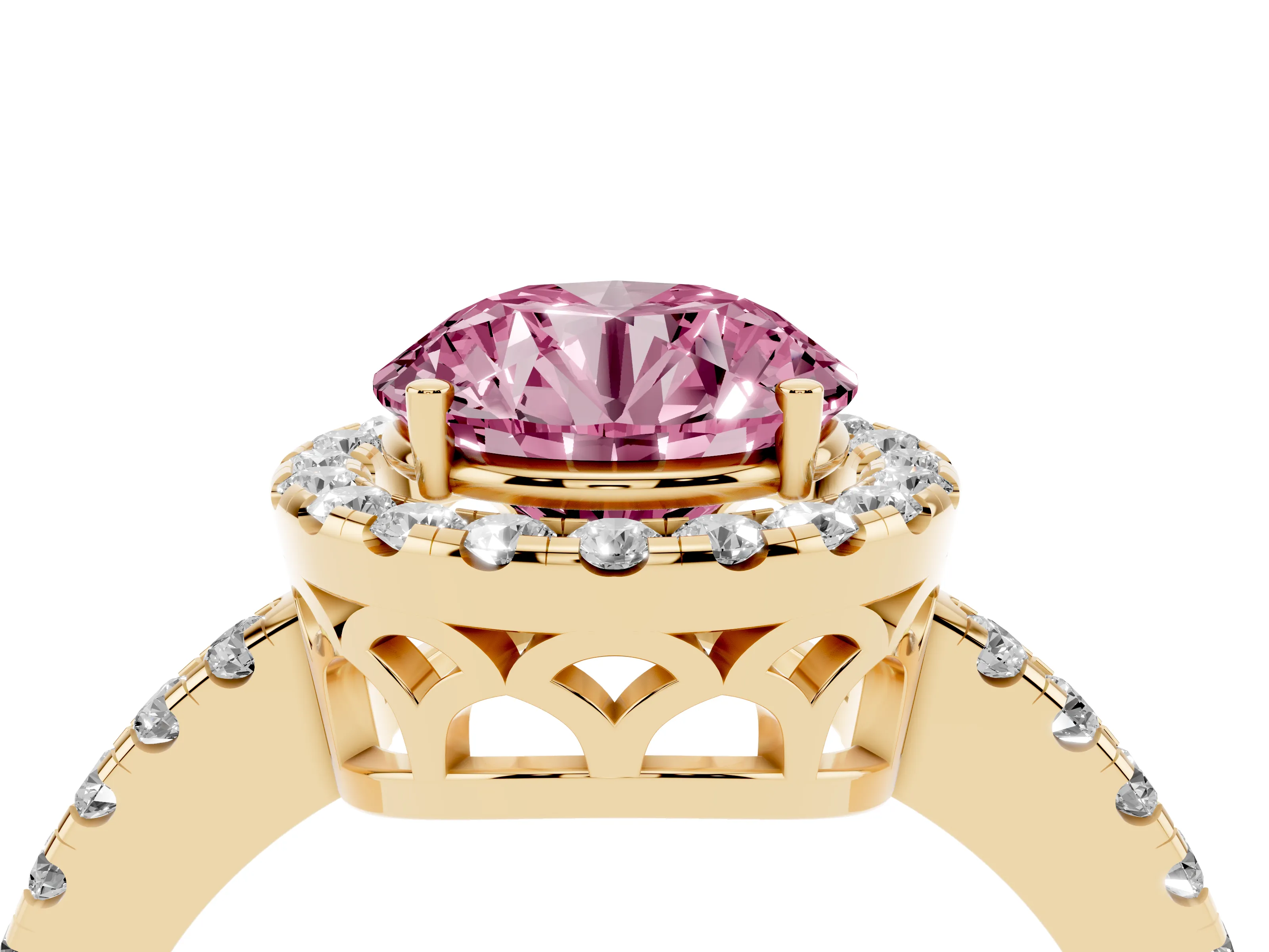 Fancy Pink Round Cut Diamond Pavé Band Halo Engagement Ring Set in Yellow gold with Prong Setting