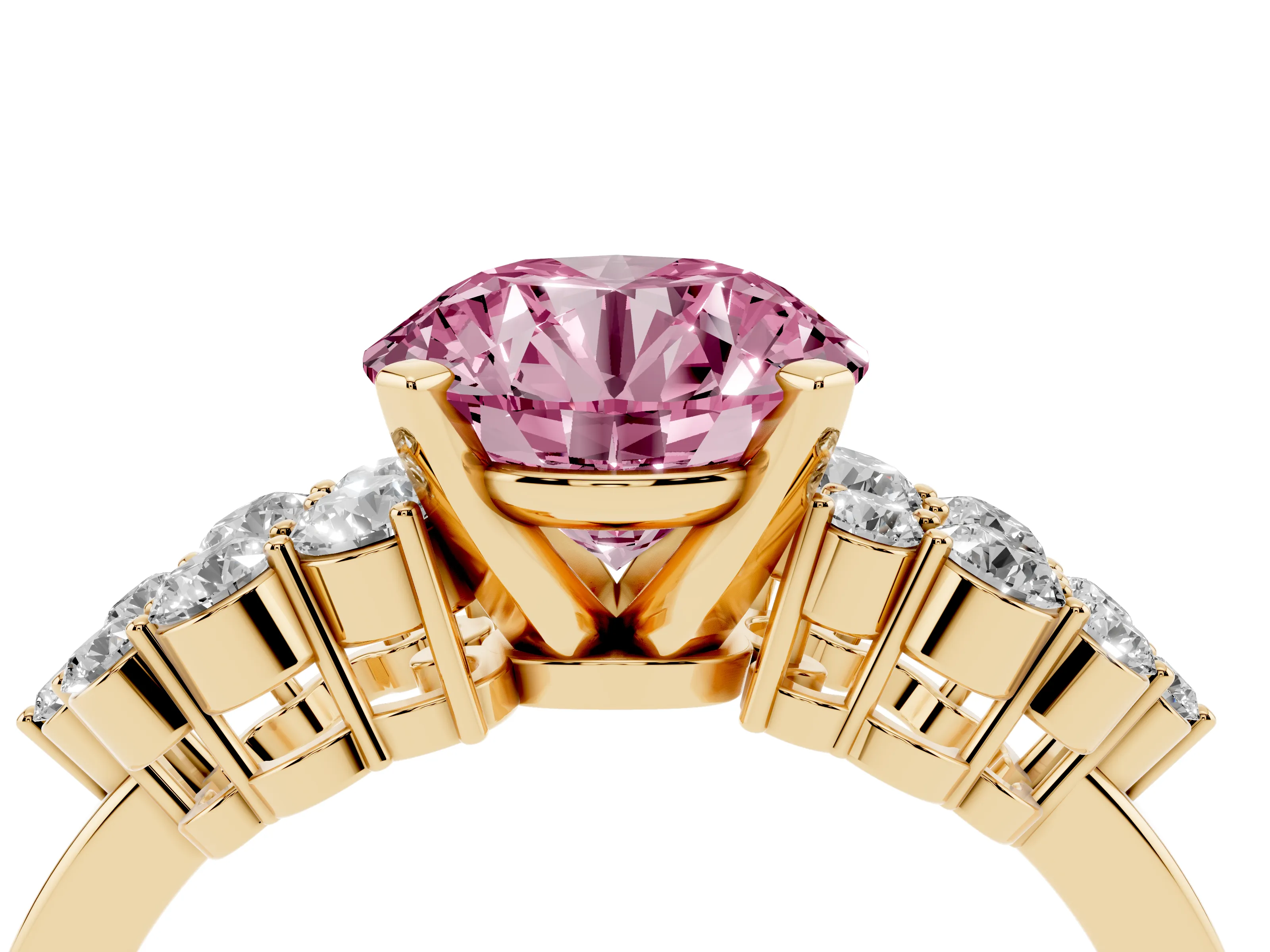 Fancy Pink Round Cut Diamond Cluster Engagement Ring Set in Yellow gold with Pavé Band and Prong Setting