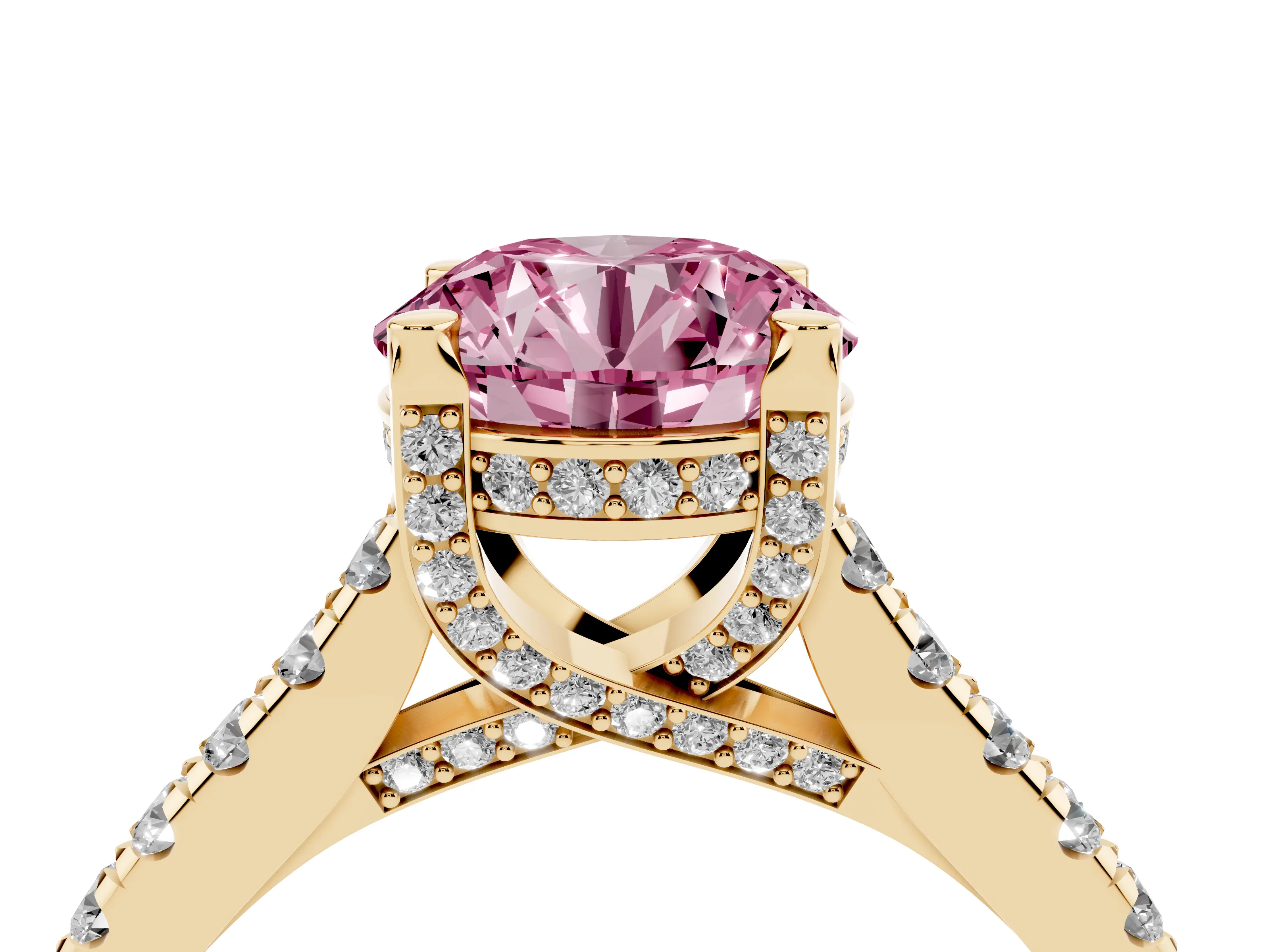 Fancy Pink Round Cut Diamond Solitaire Ring Set in Yellow gold with Brilliant Pavé Band and Prong Setting