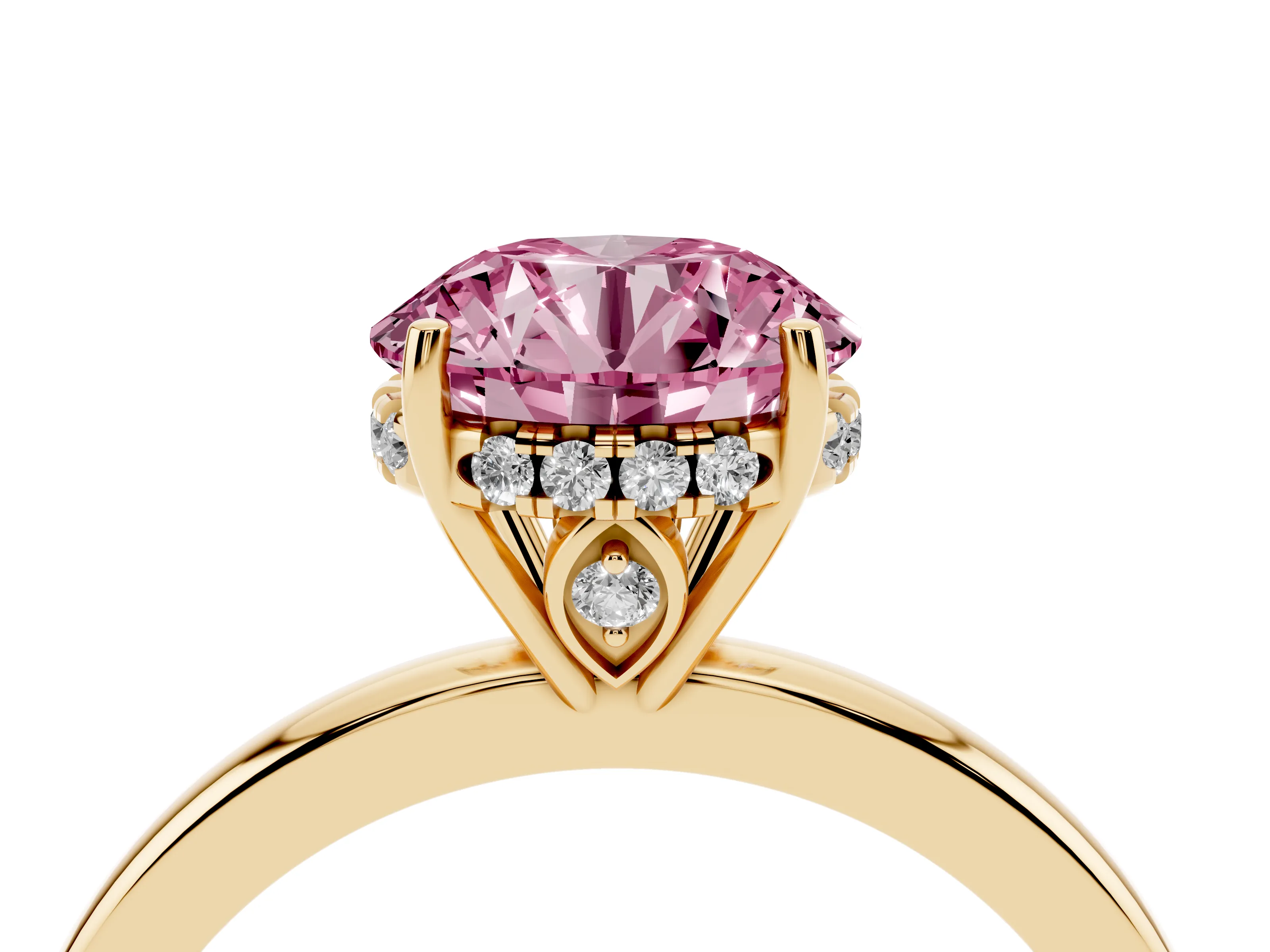 Fancy Pink Round Cut Diamond Solitaire Ring Set in Yellow gold with Plain Band and Prong Setting