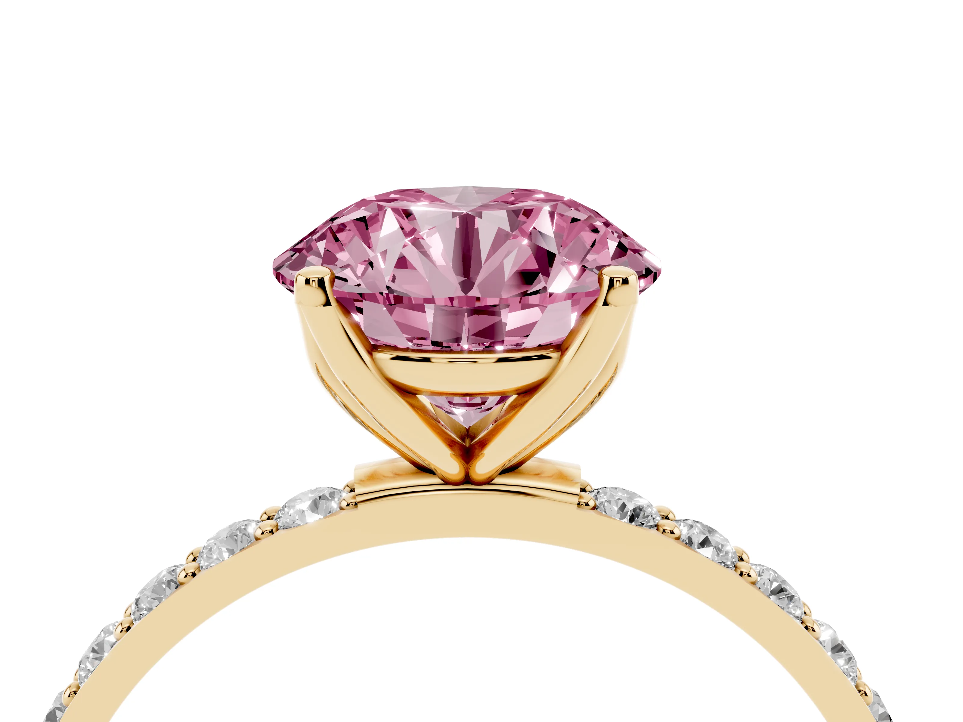 Fancy Pink Round Cut Diamond Solitaire Engagement Ring Set in Yellow gold with Round Pavé Band and Prong Setting