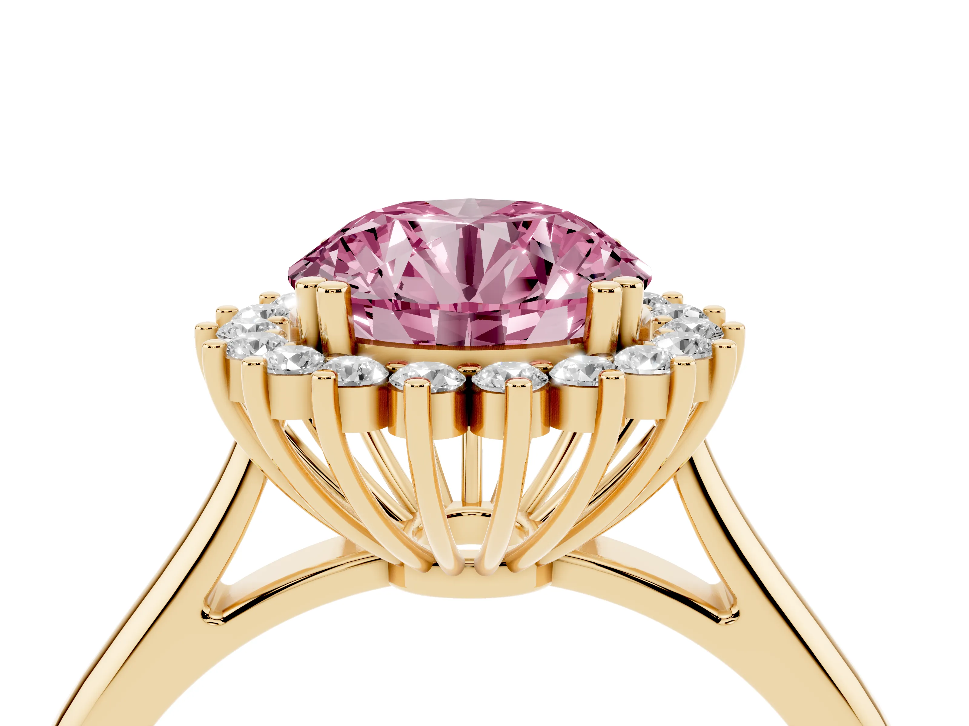 Fancy Pink Round Cut Diamond Halo Ring Set in Yellow gold with Plain Solitaire Band and Prong Setting