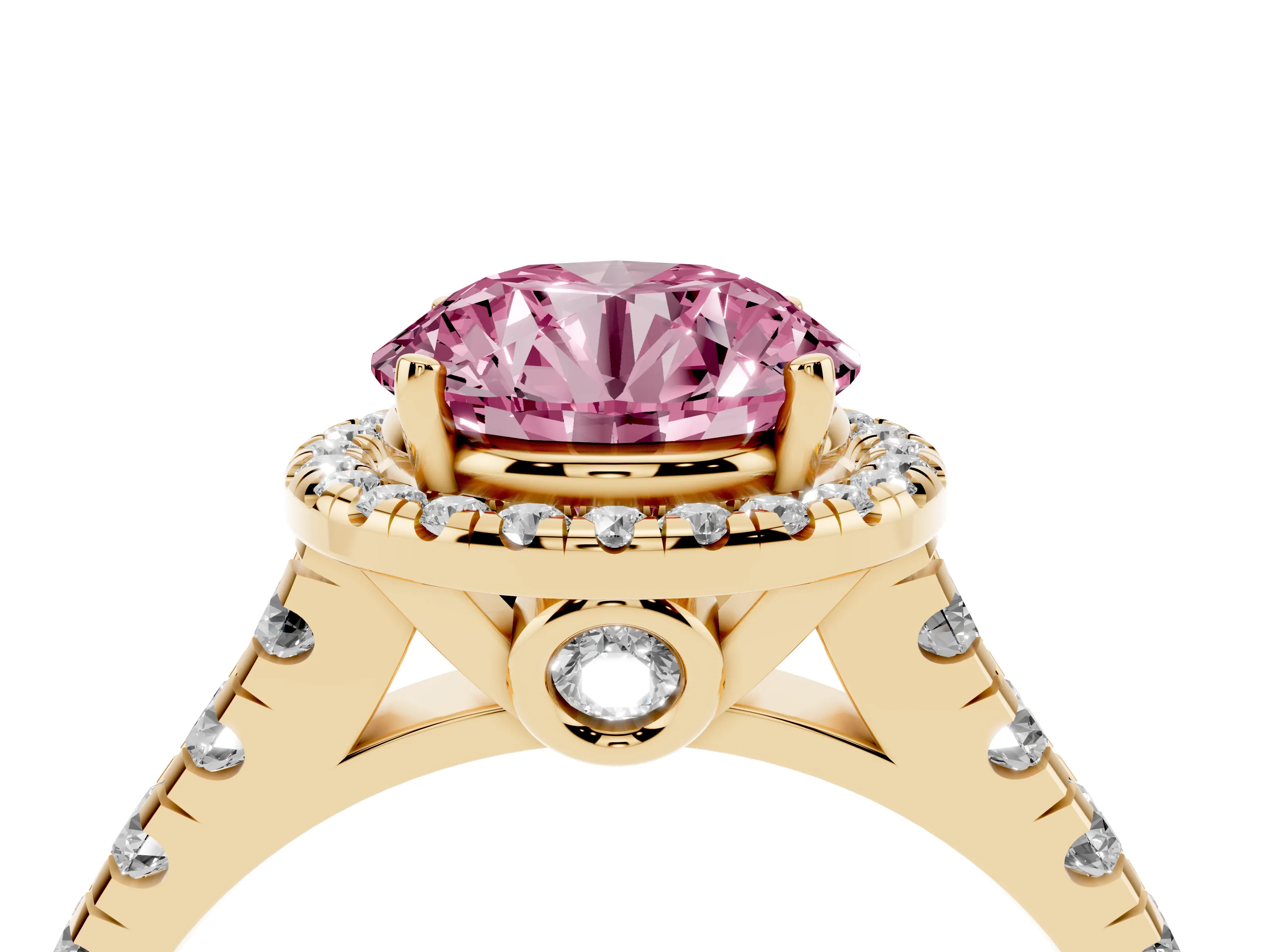 Fancy Pink Round Cut Diamond Halo Engagement Ring Set in Yellow gold with Pavé Band and Prong-Set Center