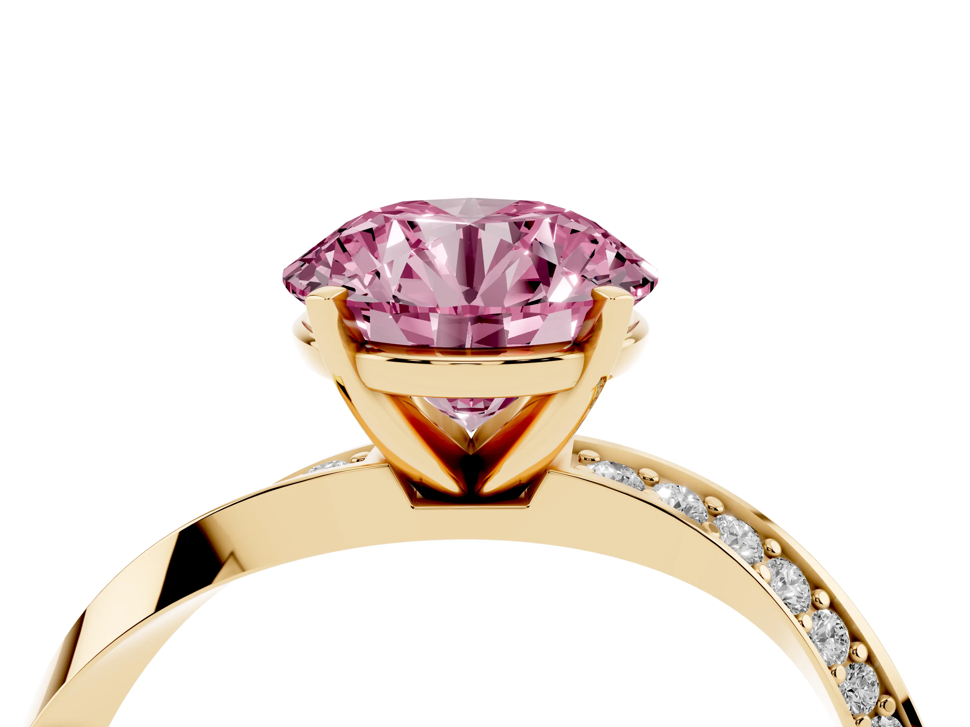 Fancy Pink Round Cut Diamond Engagement Ring Set in Yellow gold with Side Stone Accents and Prong Setting