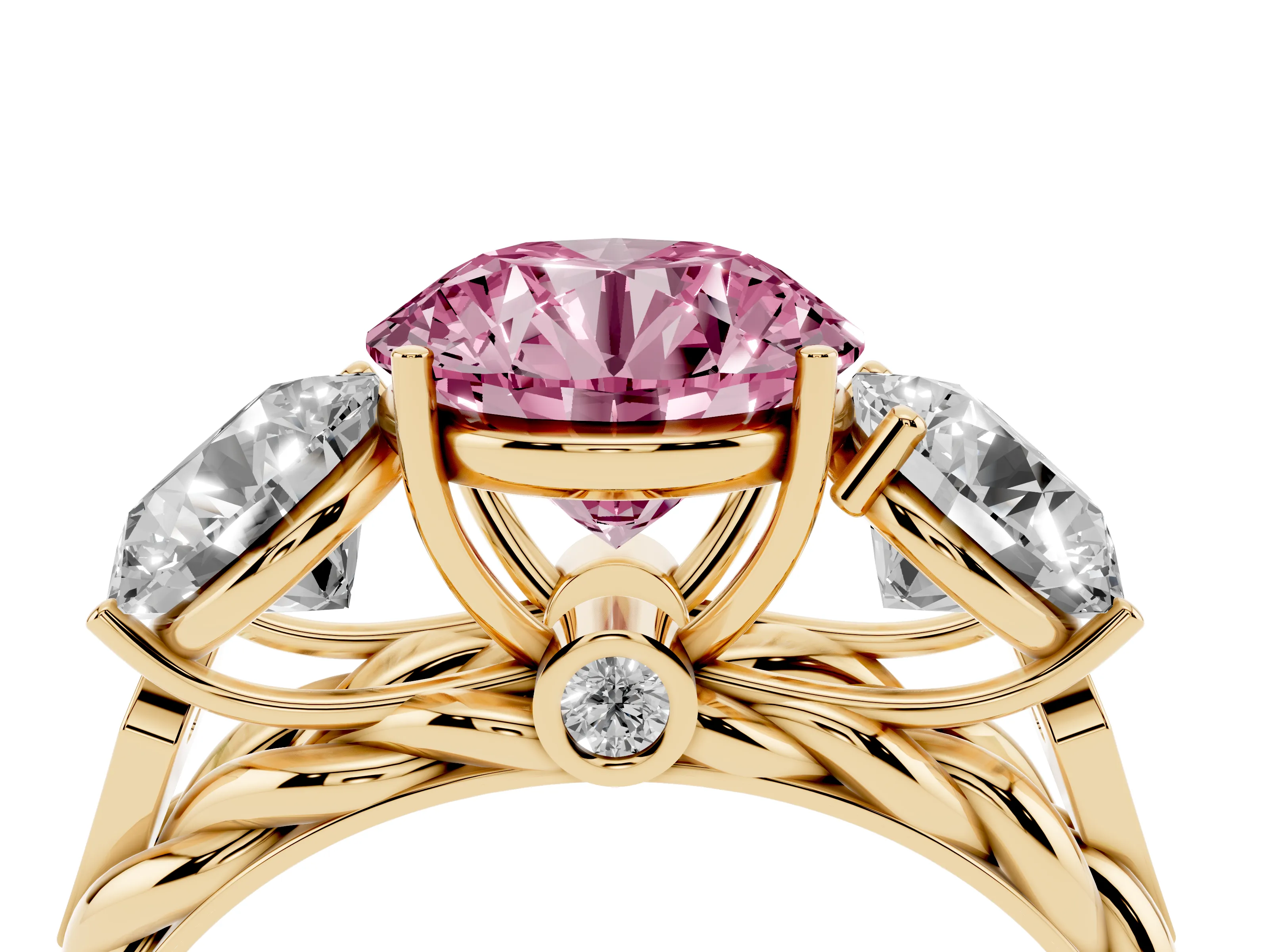 Fancy Pink Round Cut Diamond Three-Stone Ring Set in Yellow gold with Braided Band