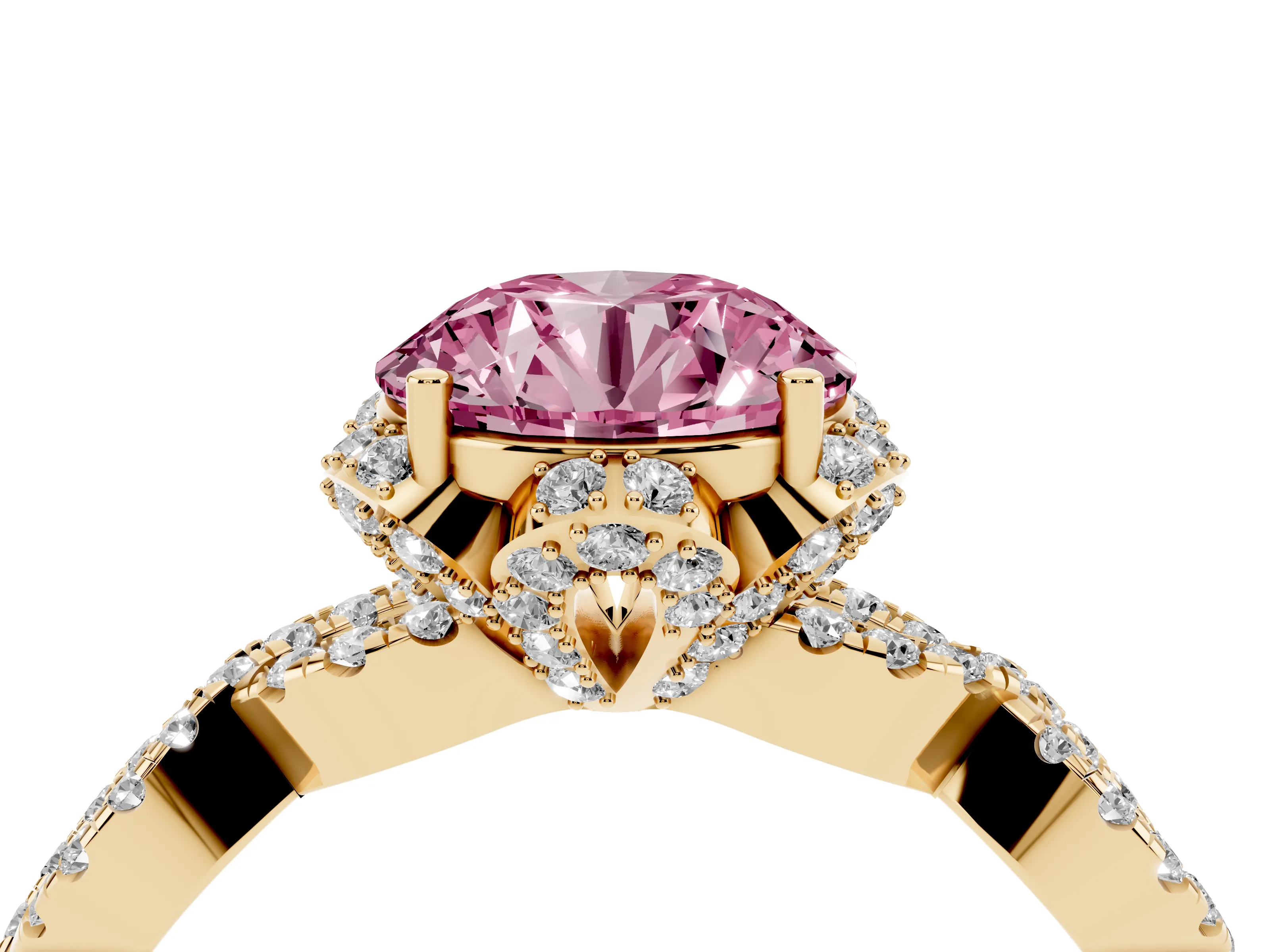 Fancy Pink Round Cut Diamond Halo Twist Band Solitaire Ring Set in Yellow gold with Prong-Set Center Stone