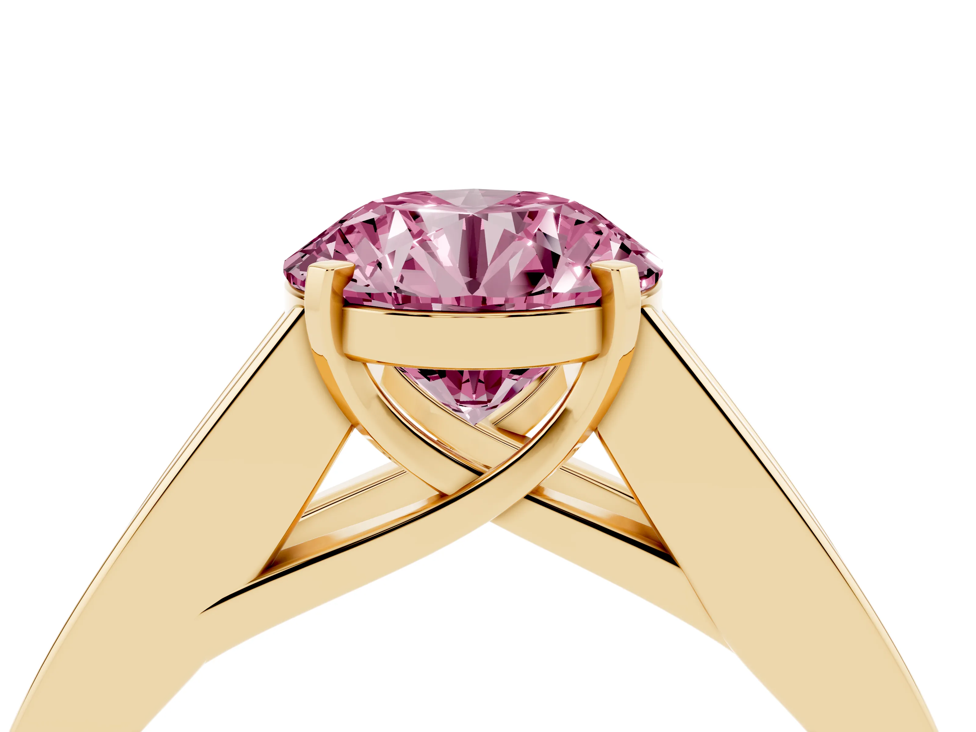 Fancy Pink Round Cut Diamond Solitaire Ring Set in Yellow gold with Channel-Set Accent Stones and Prong Setting