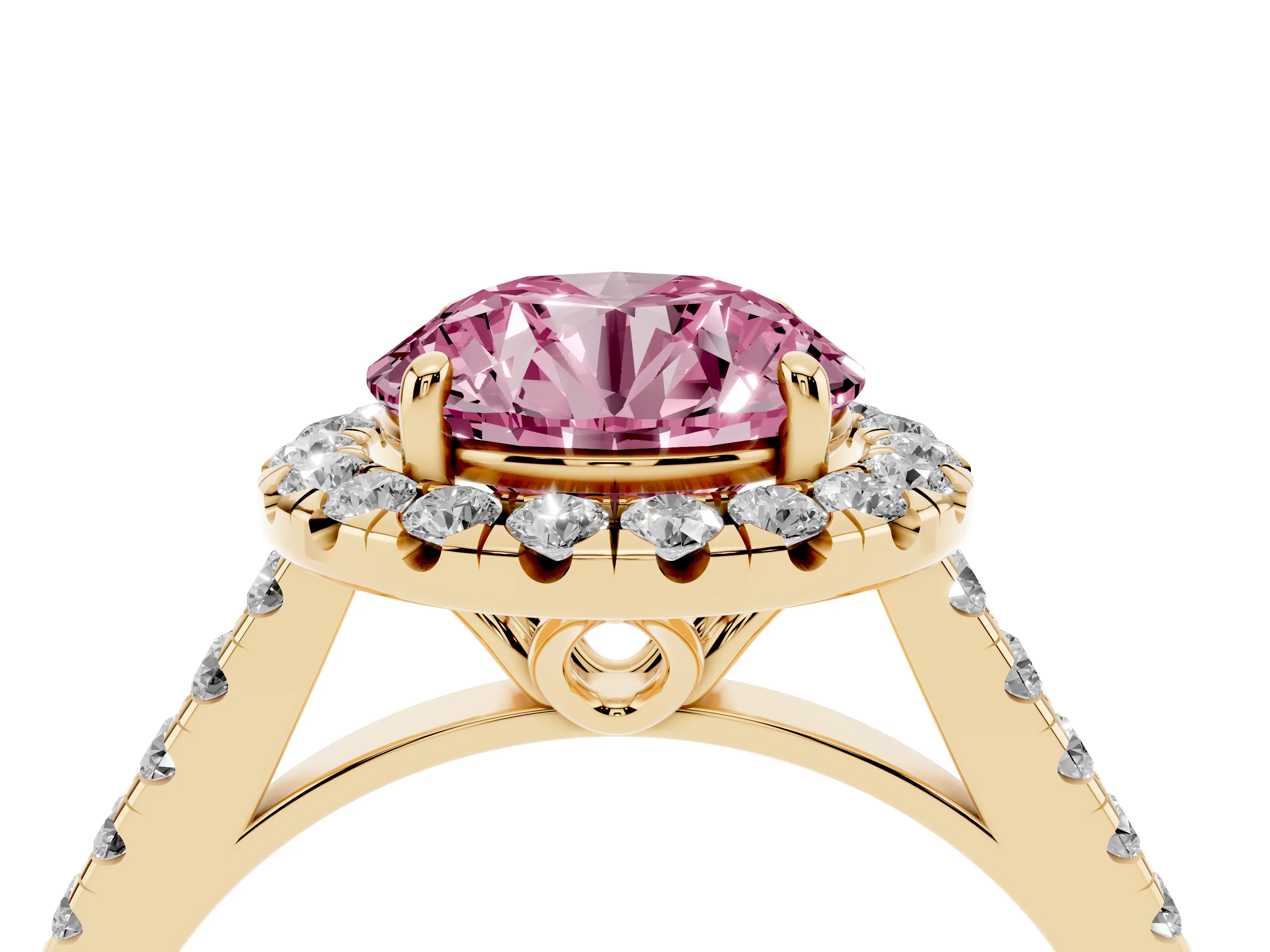 Fancy Pink Round Cut Diamond Pavé Halo Engagement Ring Set in Yellow gold with Pavé Band and Prong Setting