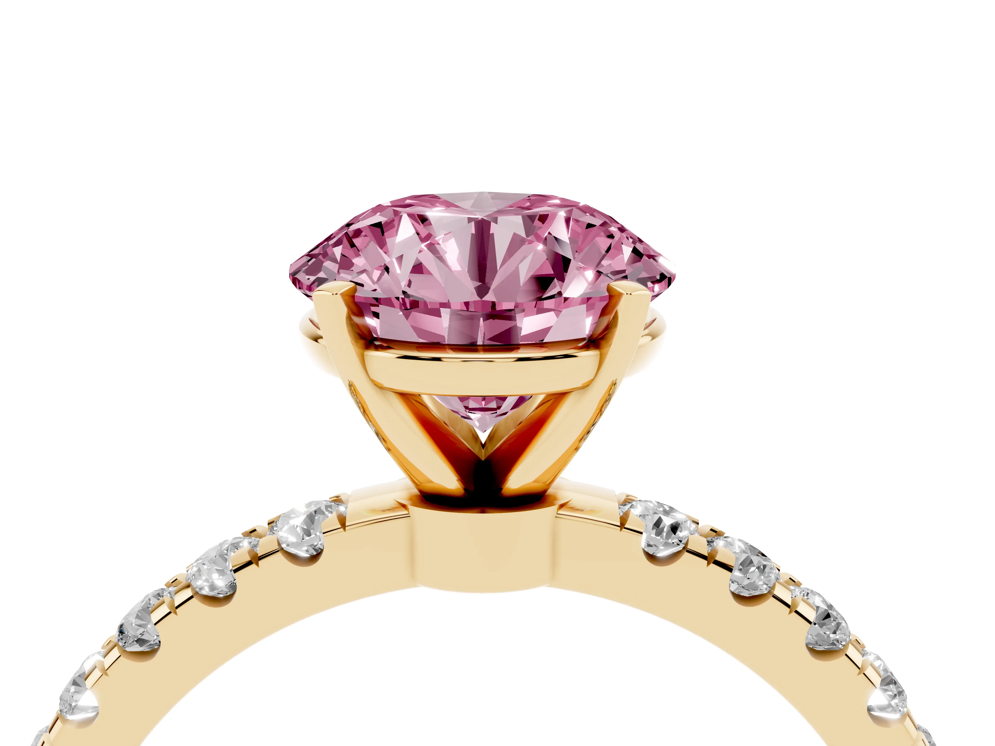 Fancy Pink Round Cut Diamond Solitaire Ring Set in Yellow gold with Pavé Accents and Prong Setting