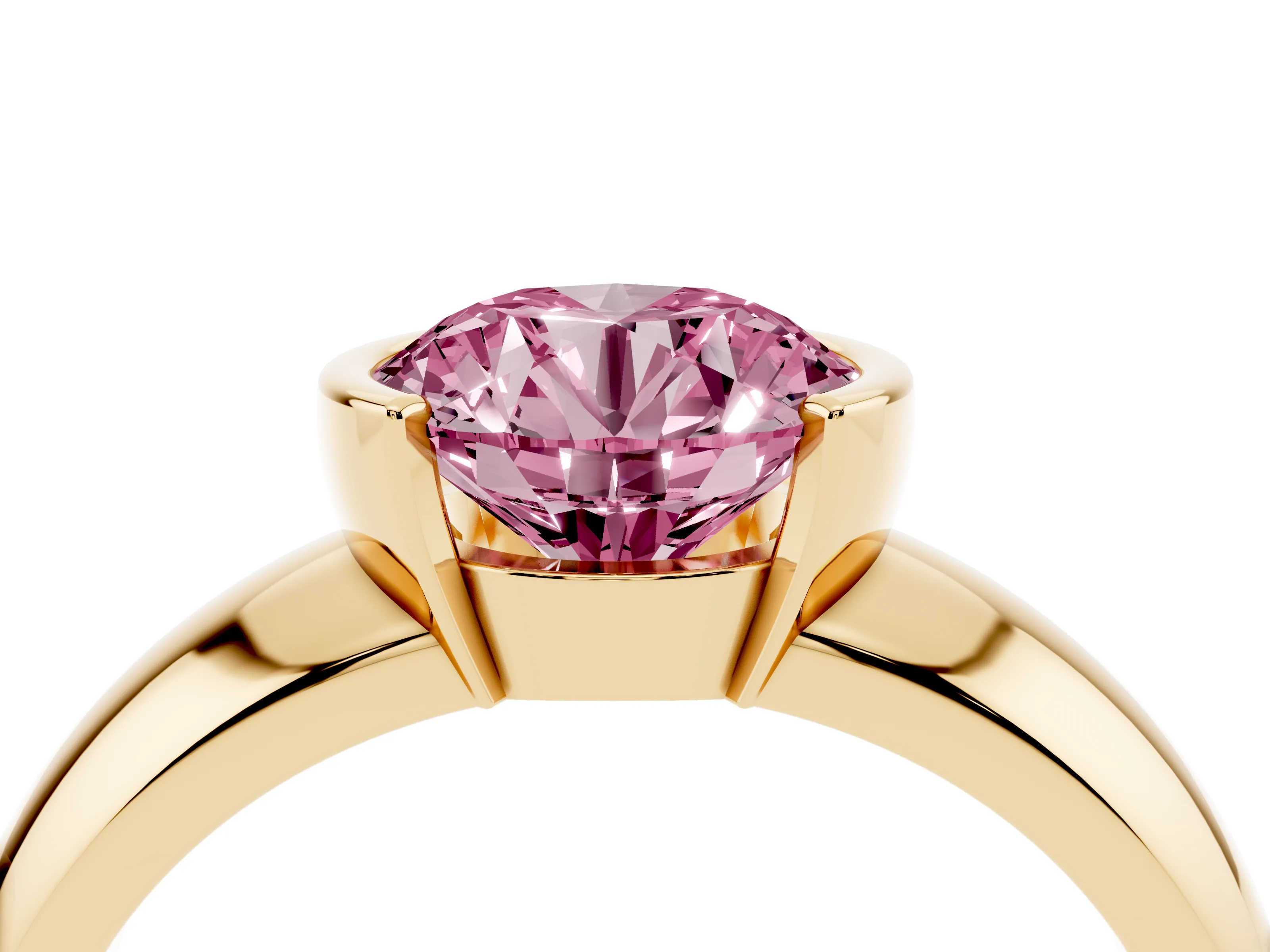Fancy Pink Round Cut Diamond Solitaire Tension Set Ring Set in Yellow gold with Wide Band