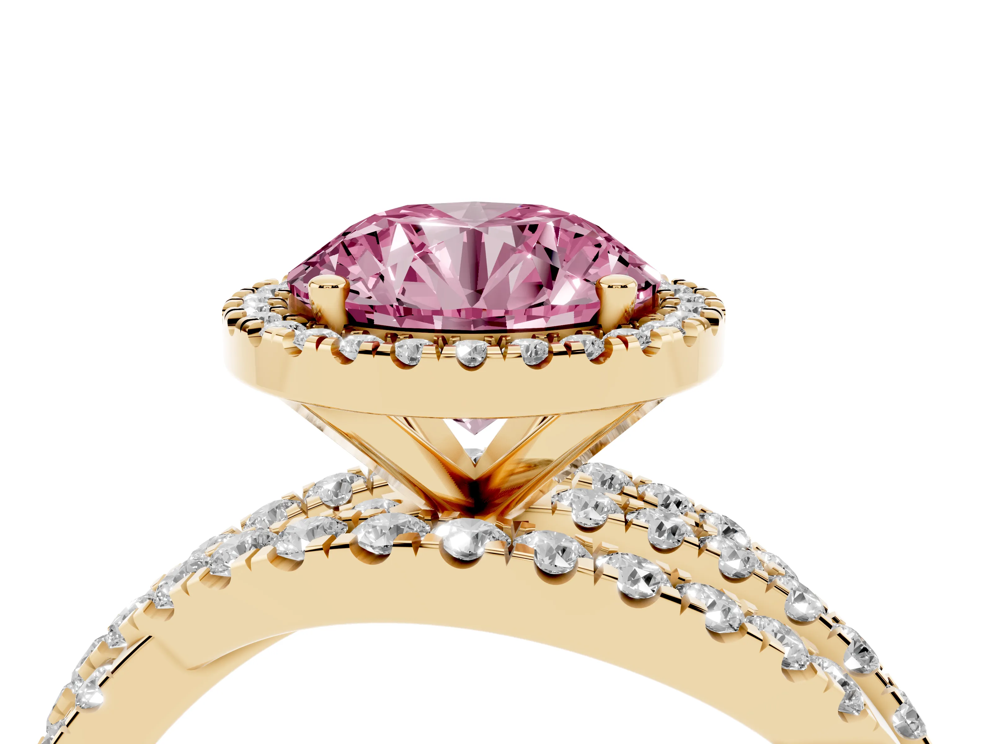 Fancy Pink Round Cut Diamond Halo Ring Set in Yellow gold with Round Crossover Split Shank and Prong Setting