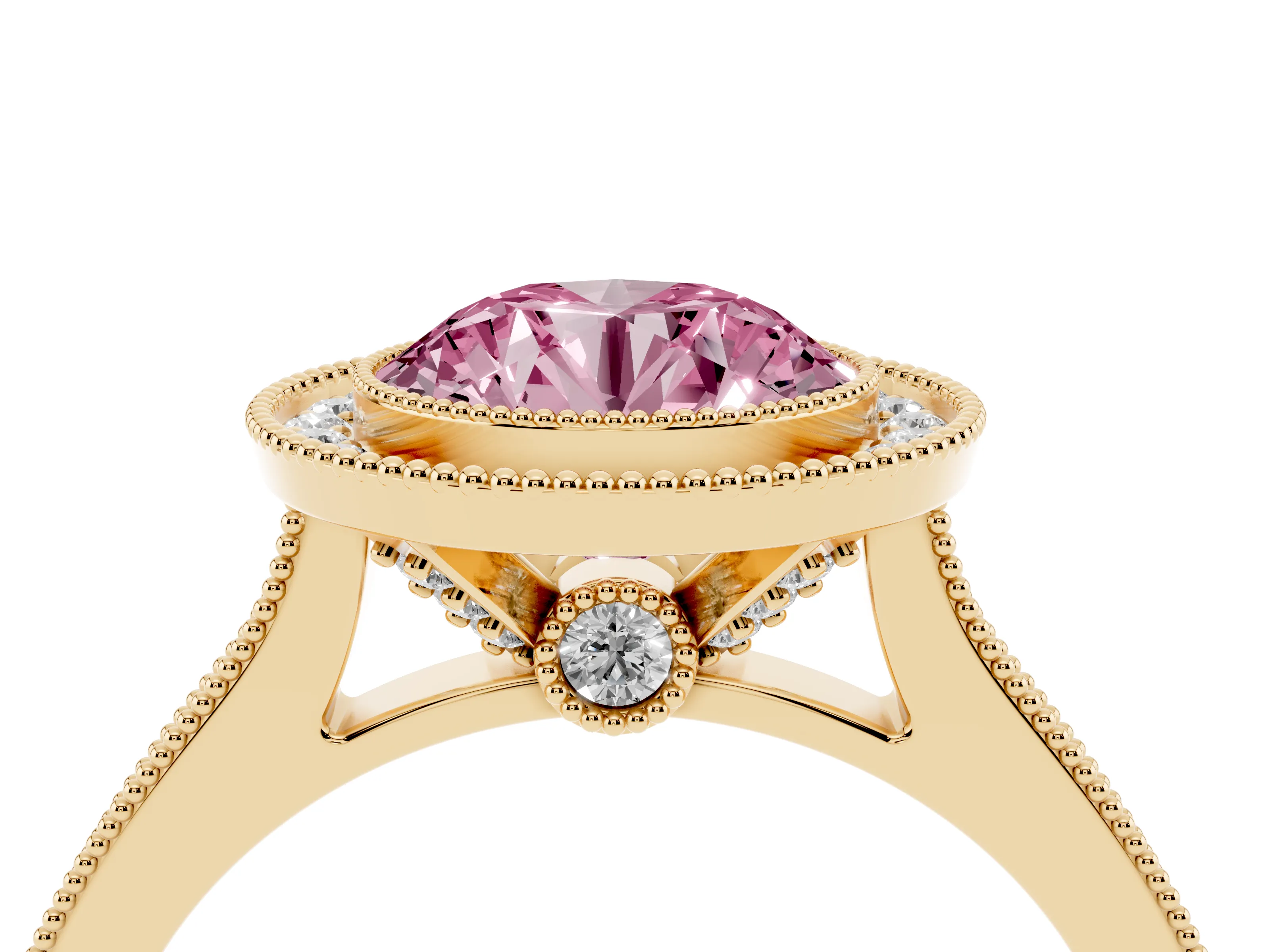 Fancy Pink Round Cut Diamond Halo Milgrain Pavé Band Ring Set in Yellow gold with Prong Setting